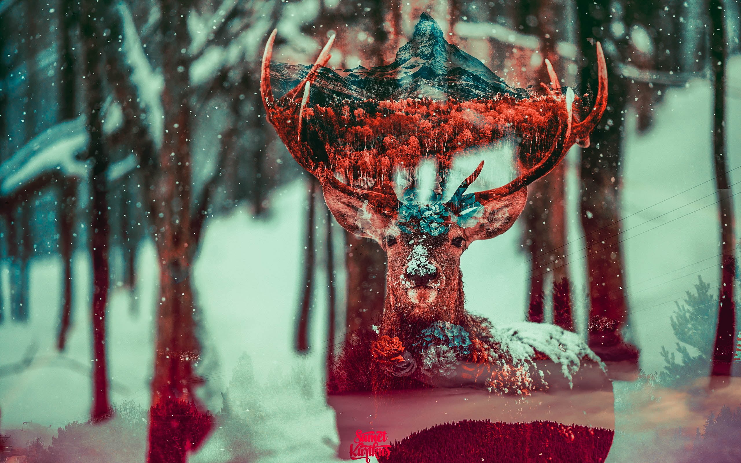 focus on foreground, deer, nature, red, forest, painting, winter, digital art, art and craft, hanging, cold temperature, reflection, day, representation, HD Wallpaper