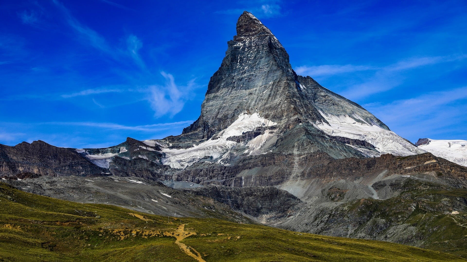 snowcapped mountain, outdoors, cloud - sky, ridge, beauty in nature, tranquil scene, no people, matterhorn, mountain range, switzerland, environment, landscape, HD Wallpaper
