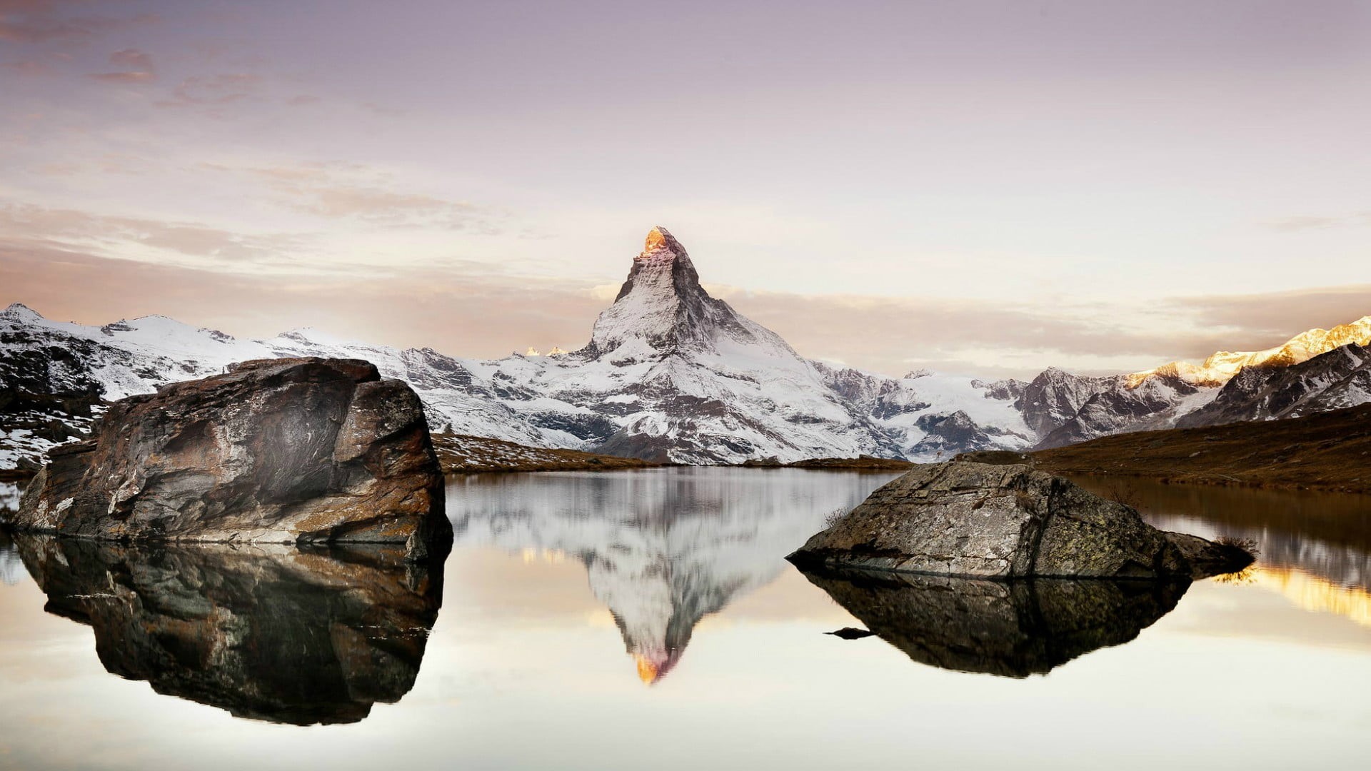 cold temperature, hills, waterfront, sunlight, mountain peak, mountains, tranquil scene, snow, clouds, no people, landscape, beauty in nature, Matterhorn, HD Wallpaper