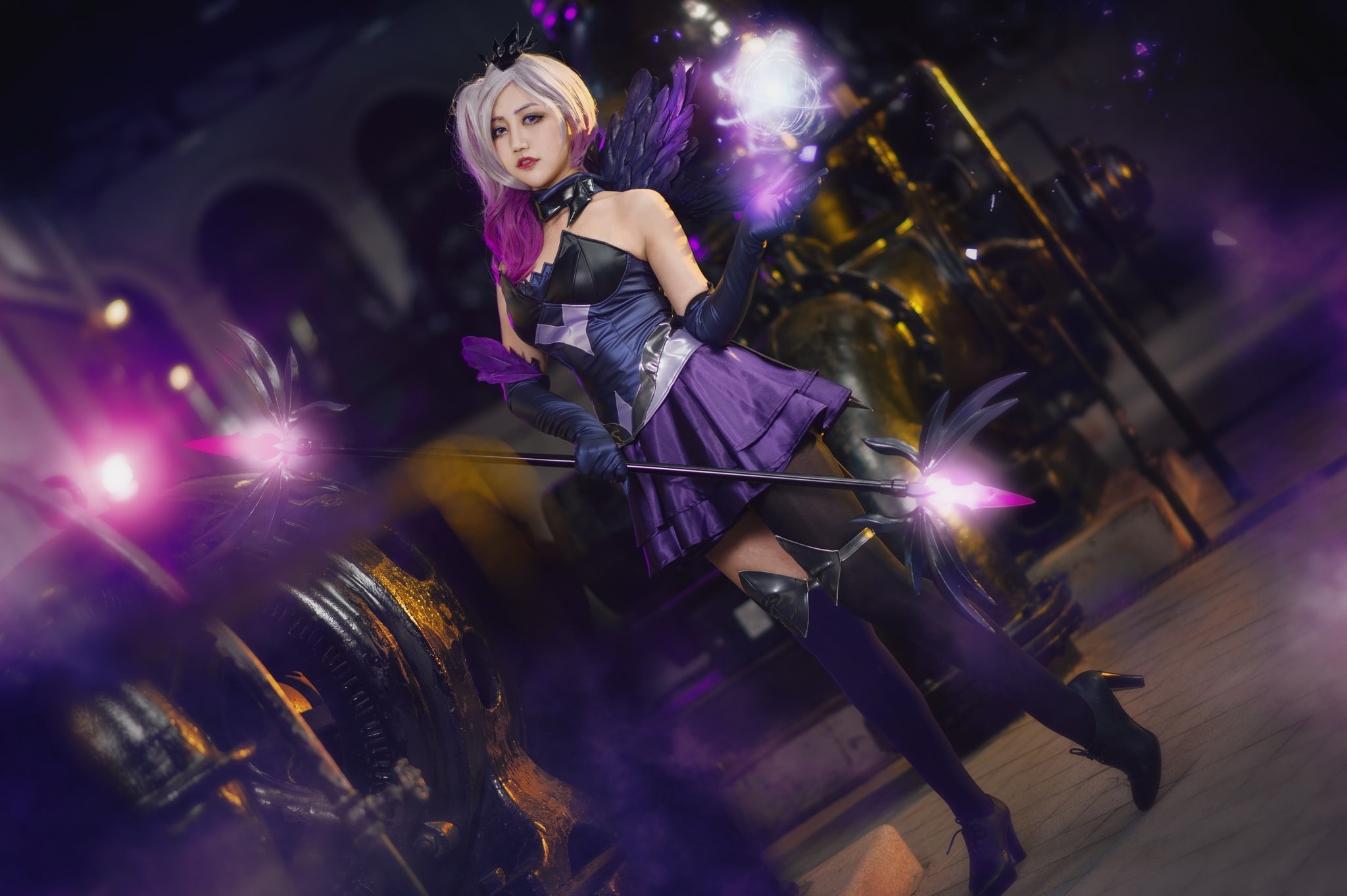 witchcraft, is, the room, purple, energy, wings, image, feet, weapons, cosplay, dark, look, motors, stockings, lights, technique, devices, figure, unit, HD Wallpaper