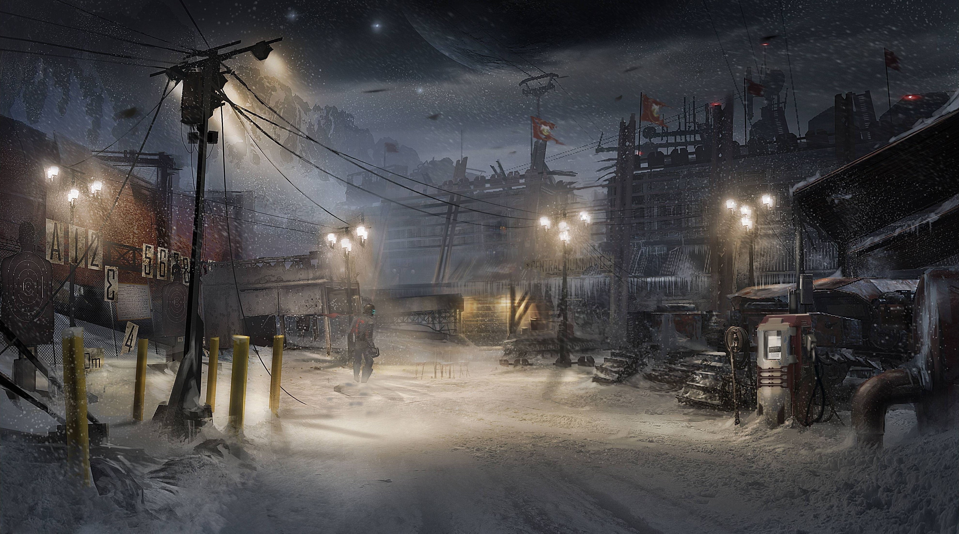 Weapons, The moon, Electronic Arts, Isaac Clarke, Technique, Dressing, nature, Pipe, Mountain, Posts, Floodlight, Armor, Stars, Wire, street light, HD Wallpaper