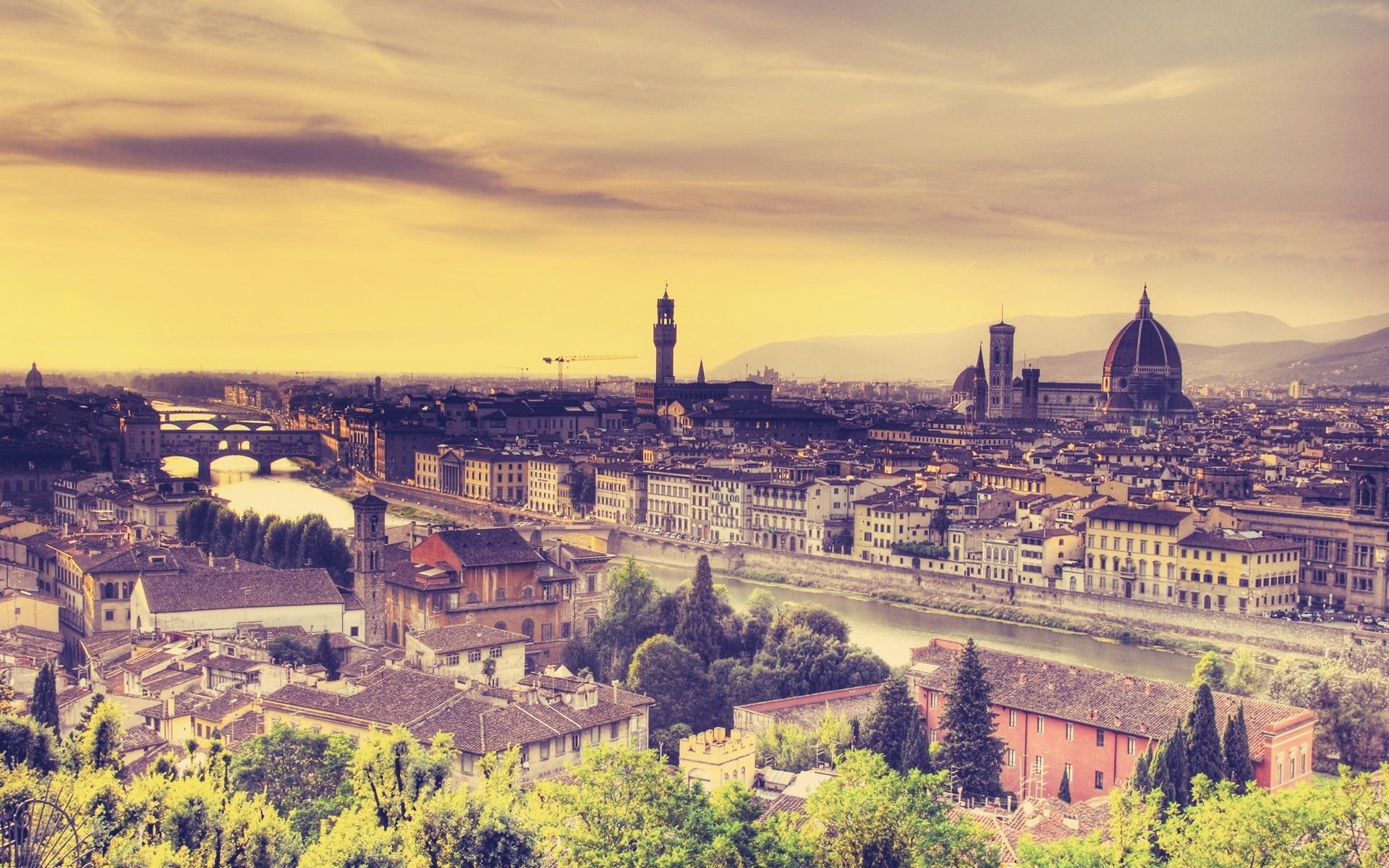 cloud - sky, panoramic, tower, sunlight, lighting Technique, roof, sky, grass, building Exterior, house, tuscany, italy, nature, cityscape, plant, trees, HD Wallpaper