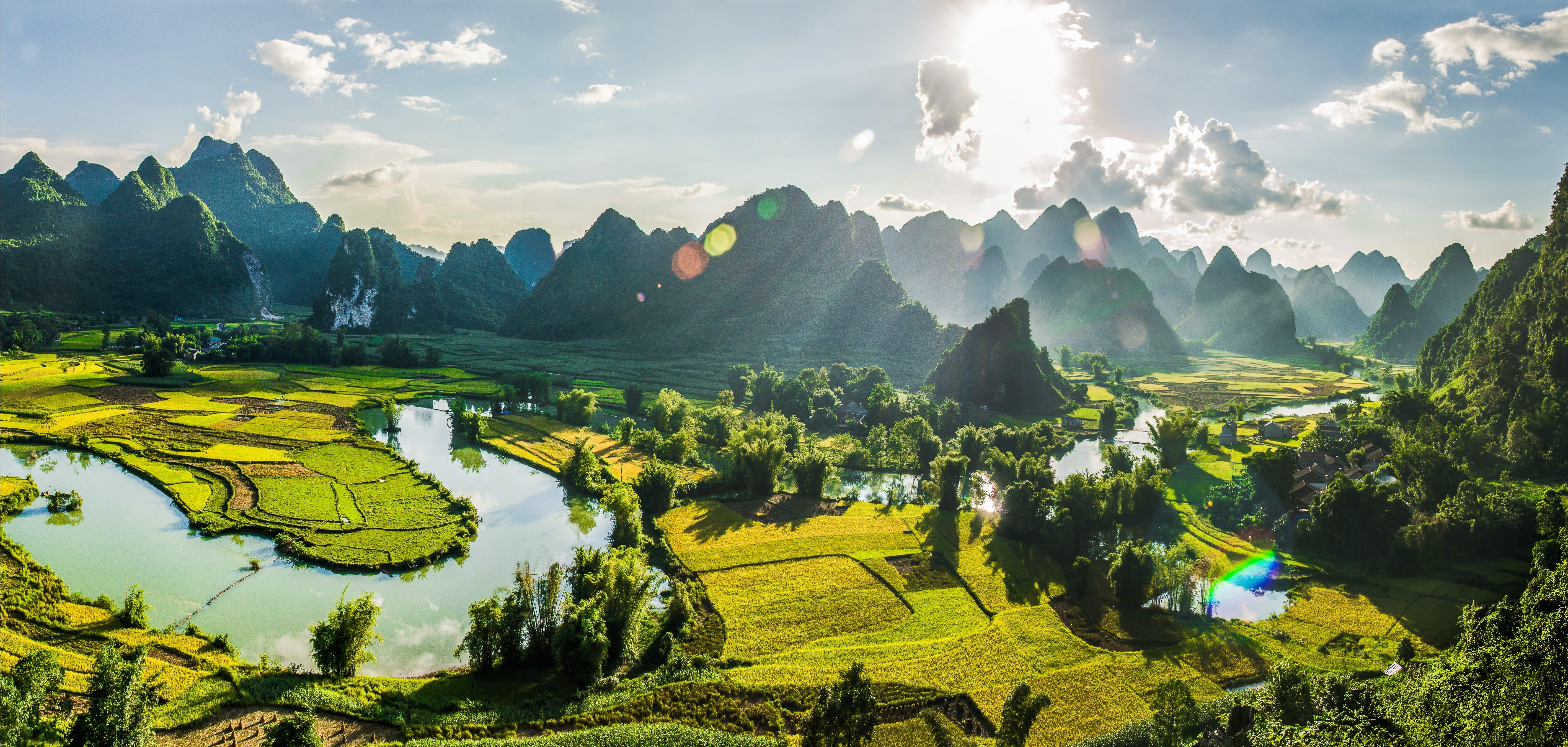 landscape, cao bang, field, trung khanh, green color, cloud - sky, landcapes, sunlight, vietnam, style, tranquility, tranquil scene, mountain, outdoors, HD Wallpaper