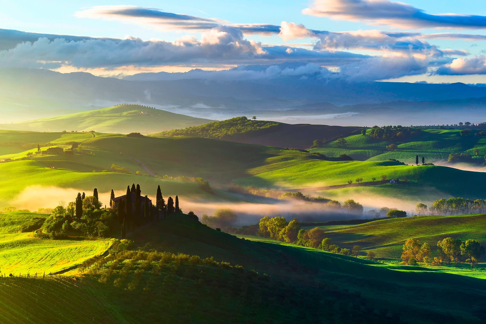 nature, landscaped, scenics - nature, farm, summer, environment, san Quirico Dorcia, cloud - Sky, pasture, rolling Landscape, panoramic, mountain, idyllic, HD Wallpaper