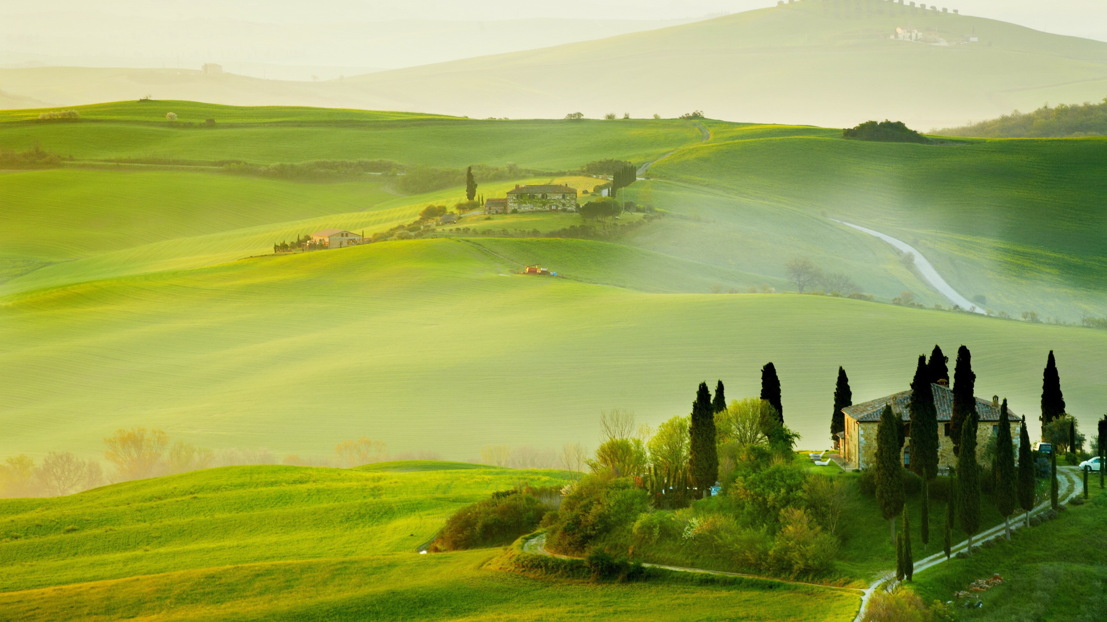 rural area, sky, valdorcia, europe, mist, pasture, house, hill, tuscany, podere belvedere, grass, morning, rolling hills, grassland, landscape, tree, villa, HD Wallpaper