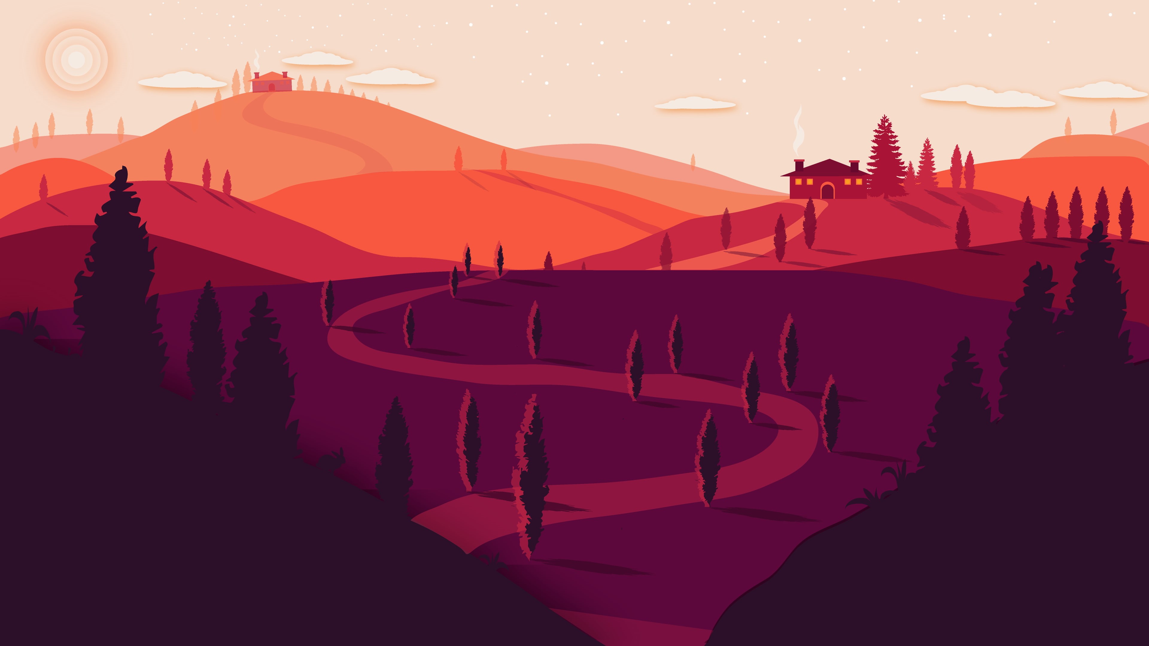Sunset, Tuscany, Landscape, Red, 4K, 4K, Summer, Silhouette, Italy, HD Wallpaper