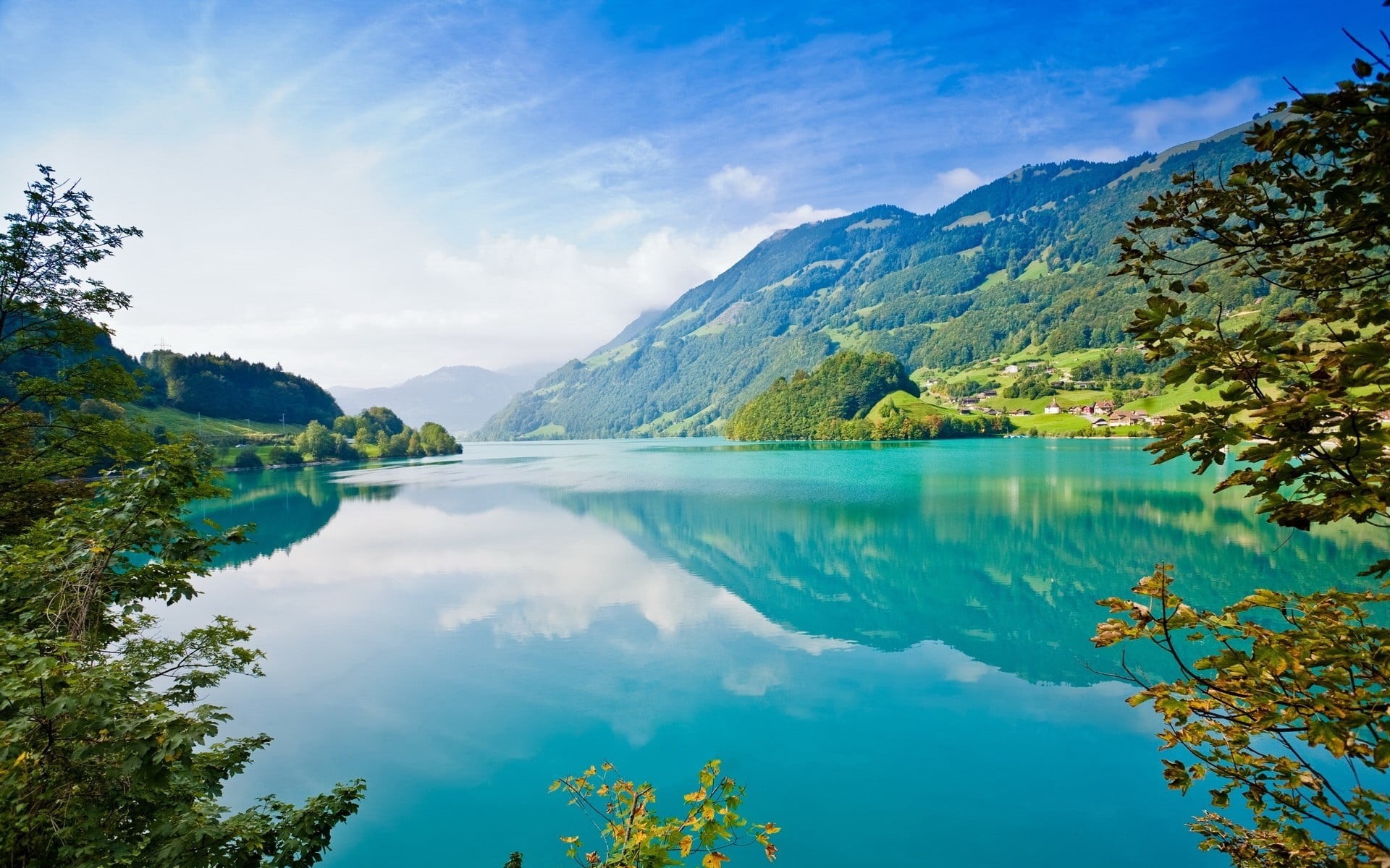 leafed, cloud - sky, plant, green, green color, landscape, lake, sky, Switzerland, mountains, turquoise, mountain, tree, mountain range, reflection, no people, HD Wallpaper