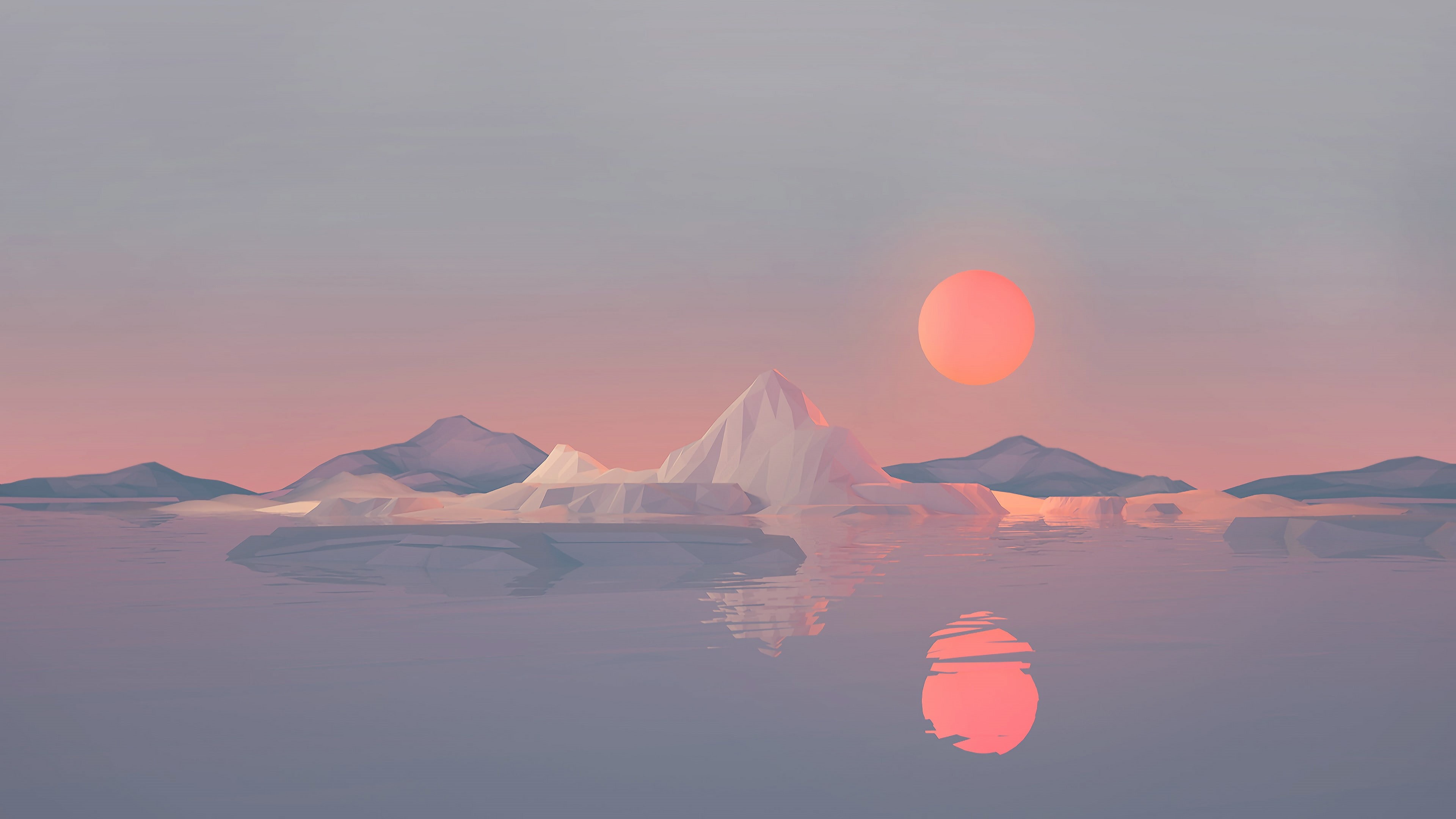 4K, horizon, fantasy landscape, reflection, low-poly, ice, low poly art, sunset, iceberg, low-poly art, landscape, low poly, minimalist, HD Wallpaper