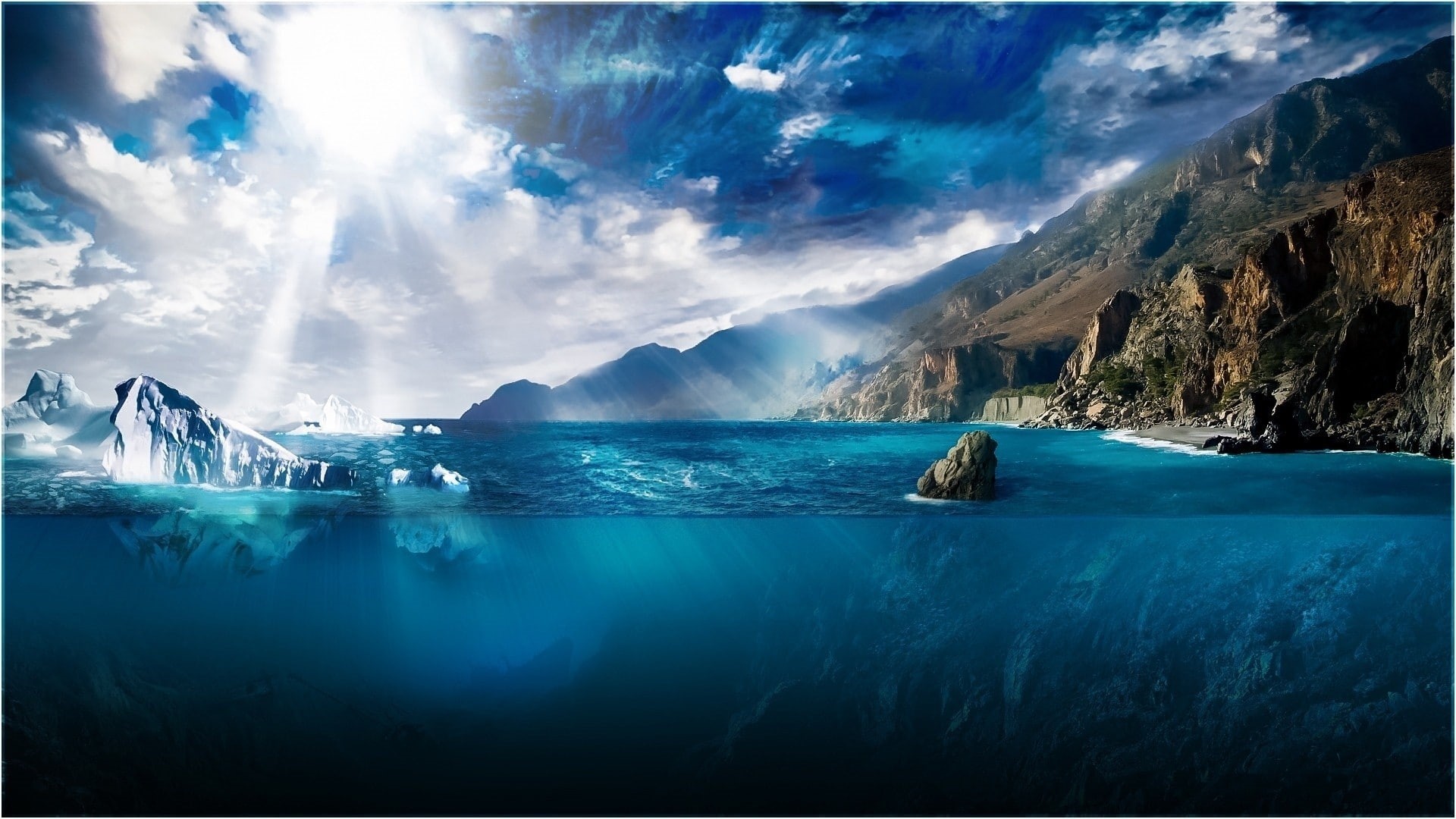 water, digital art, split view, nature, sea, Sun, artwork, sunlight, 1080P, landscape, iceberg, clouds, underwater, HD Wallpaper