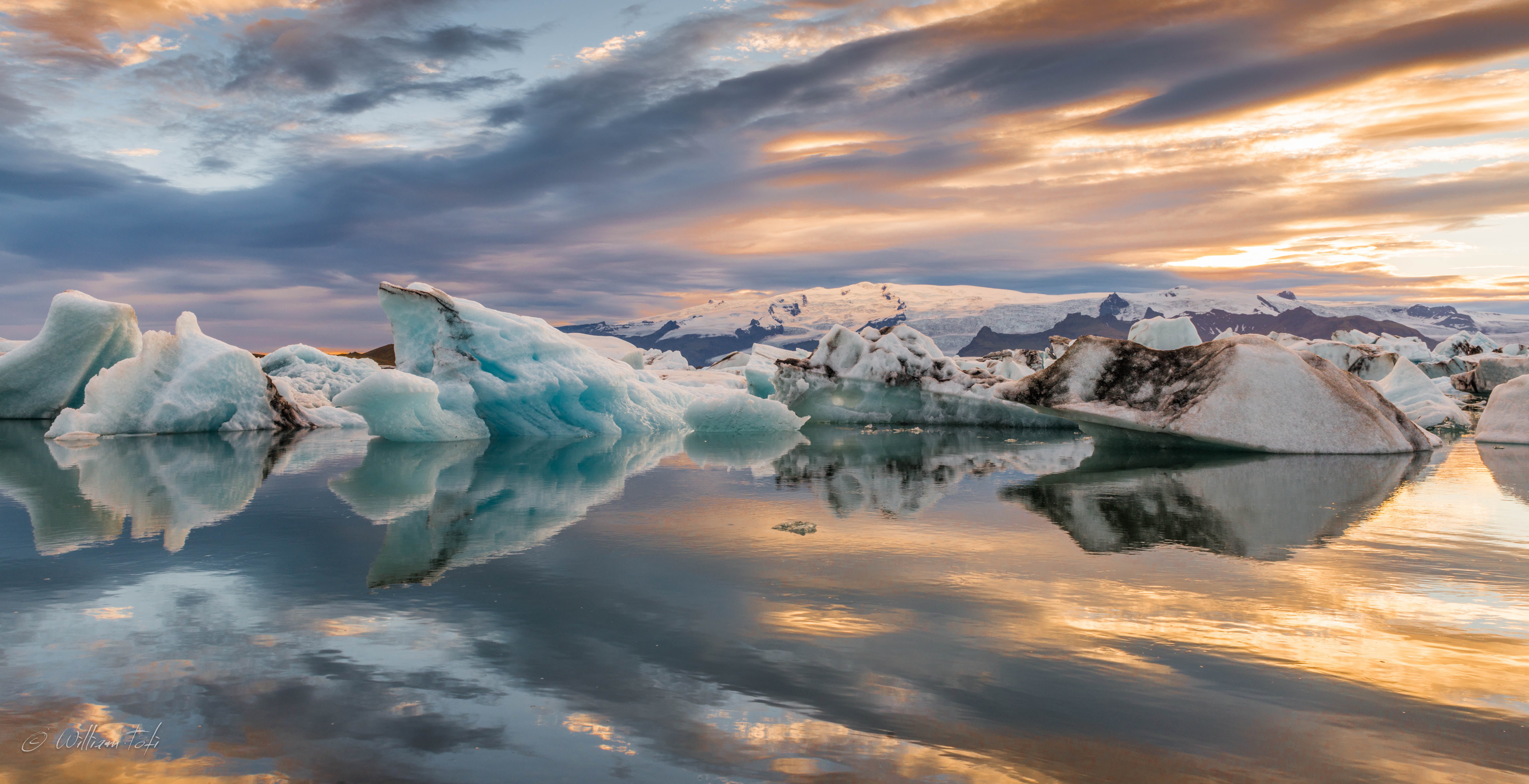 ice, 5K, beauty in nature, tranquil scene, lake, sky, cloud - sky, landscape, body, Iceland, Jokulsarlon, glacier, nature, sunset, no people, reflection, HD Wallpaper