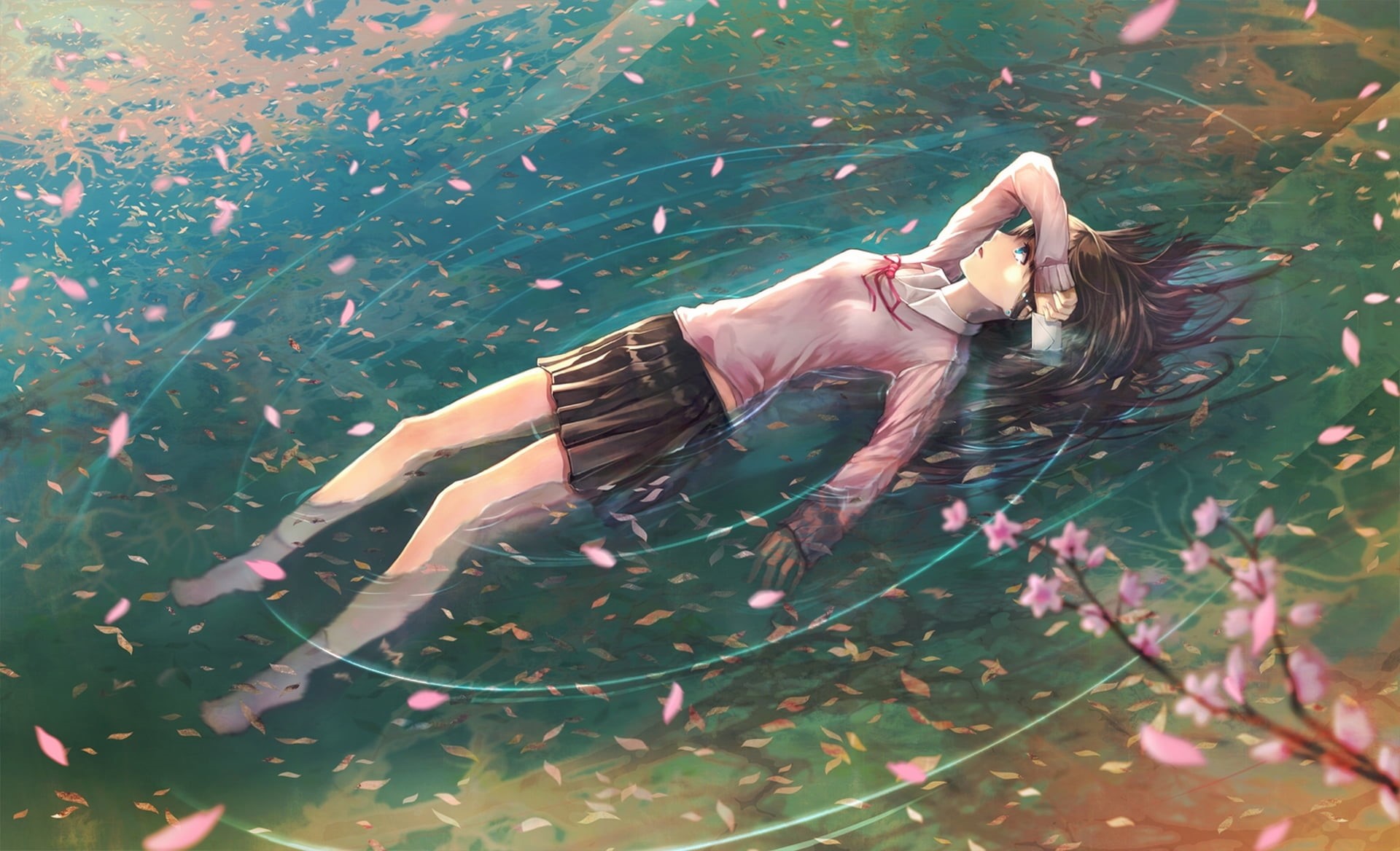 anime girls, hairstyle, body, plant, long hair, young women, water, female, hair, women, lifestyles, 1080P, beauty, outdoors, nature, one person, cherry blossom, HD Wallpaper