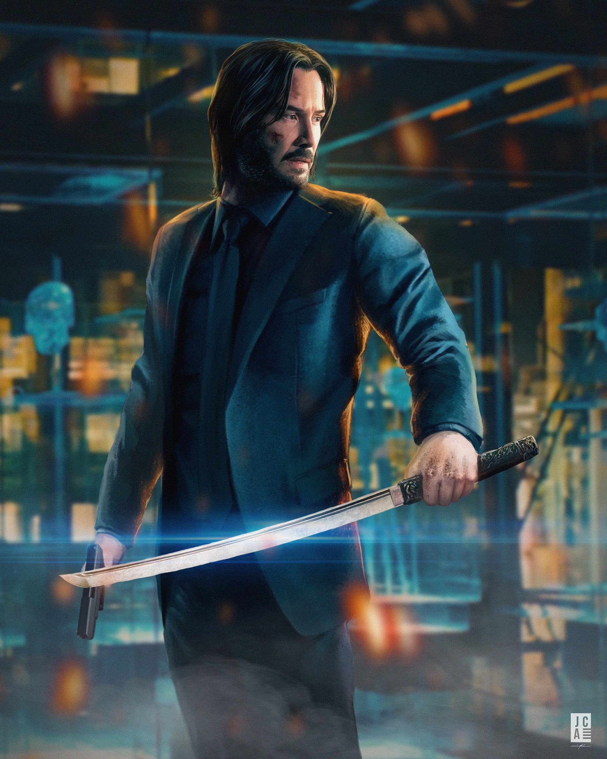 2K, Keanu Reeves, digital art, John Wick, black suit, fan art, Phone HD Wallpaper
