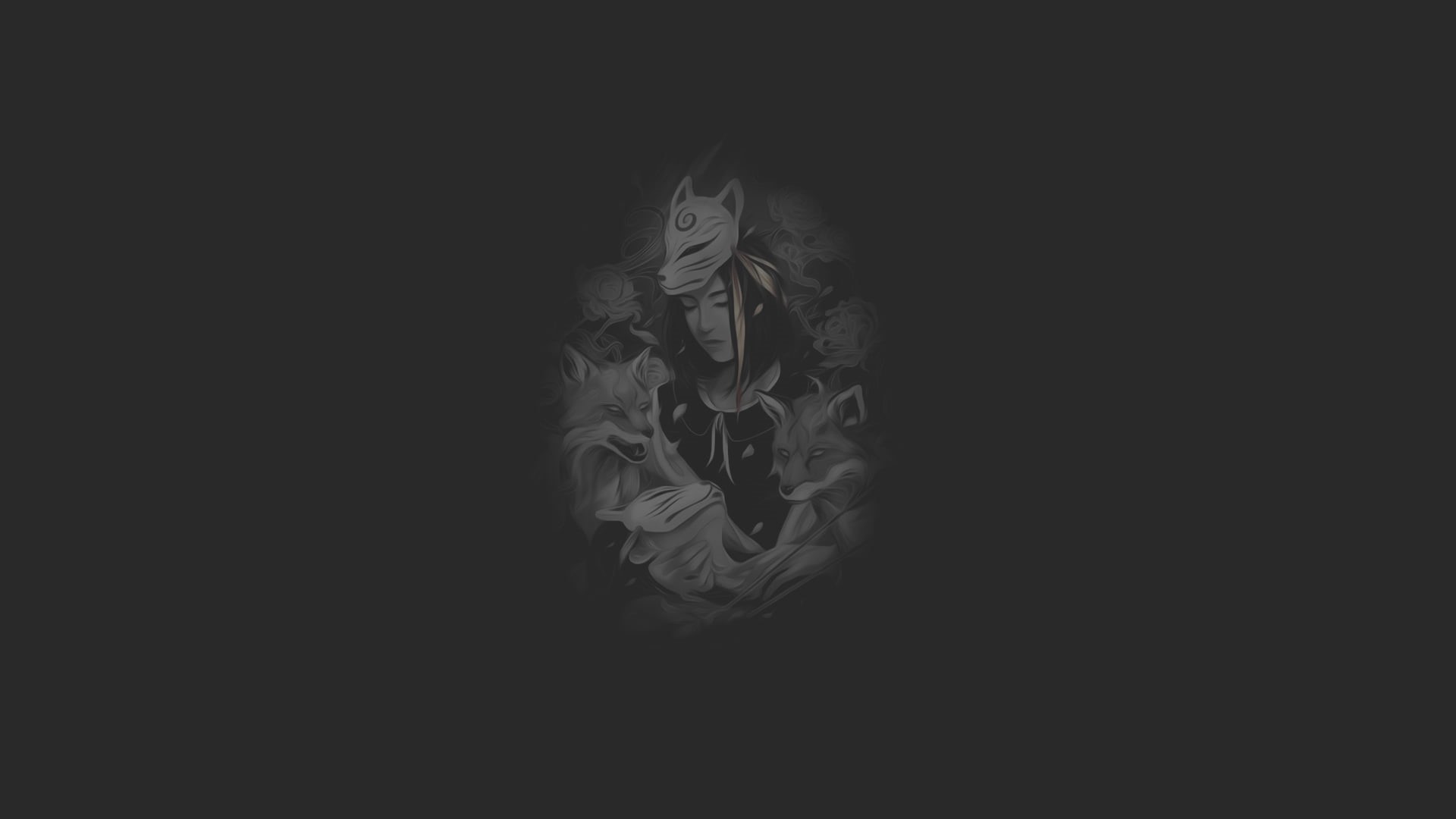 eevien tan, 1080P, minimalism, fox girl, Kitsune², dark background, monochrome, selective coloring, fan art, fox, illustration, HD Wallpaper