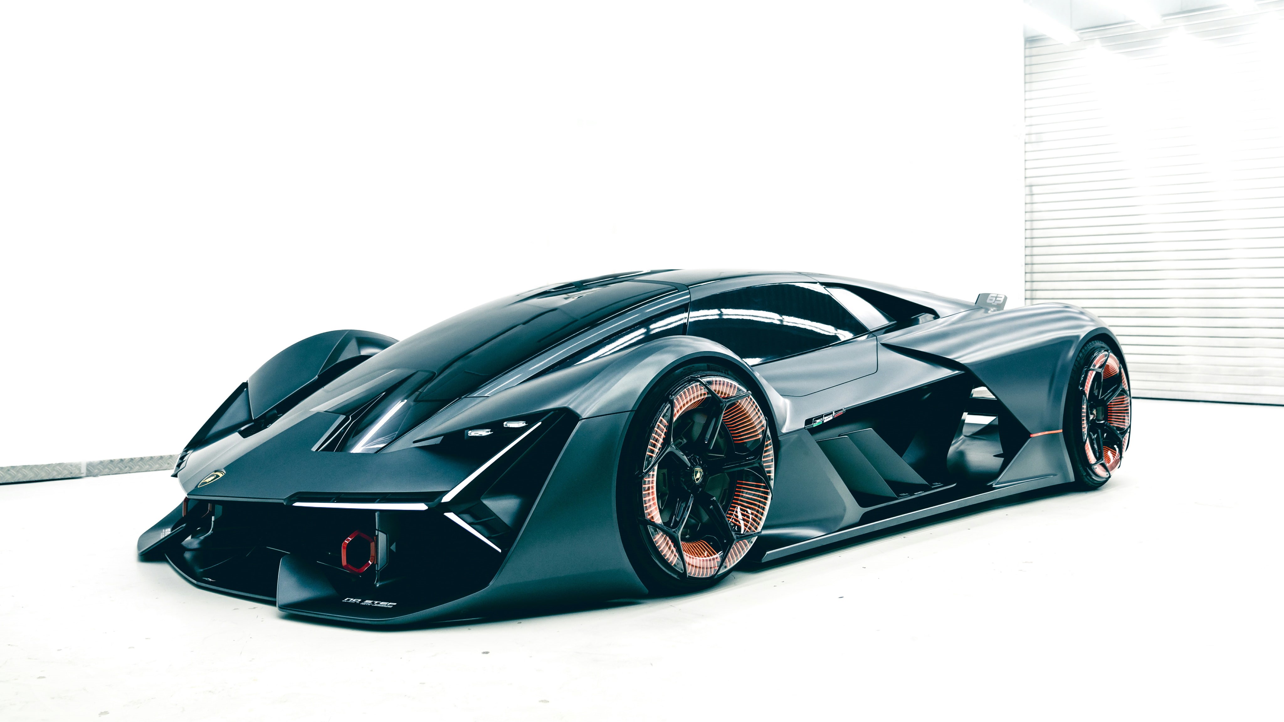 4K, reflection, copy space, modern, Lamborghini Terzo Millennio, wheel, Autonomous, 4K, shiny, studio shot, land vehicle, Electric cars, white background, HD Wallpaper