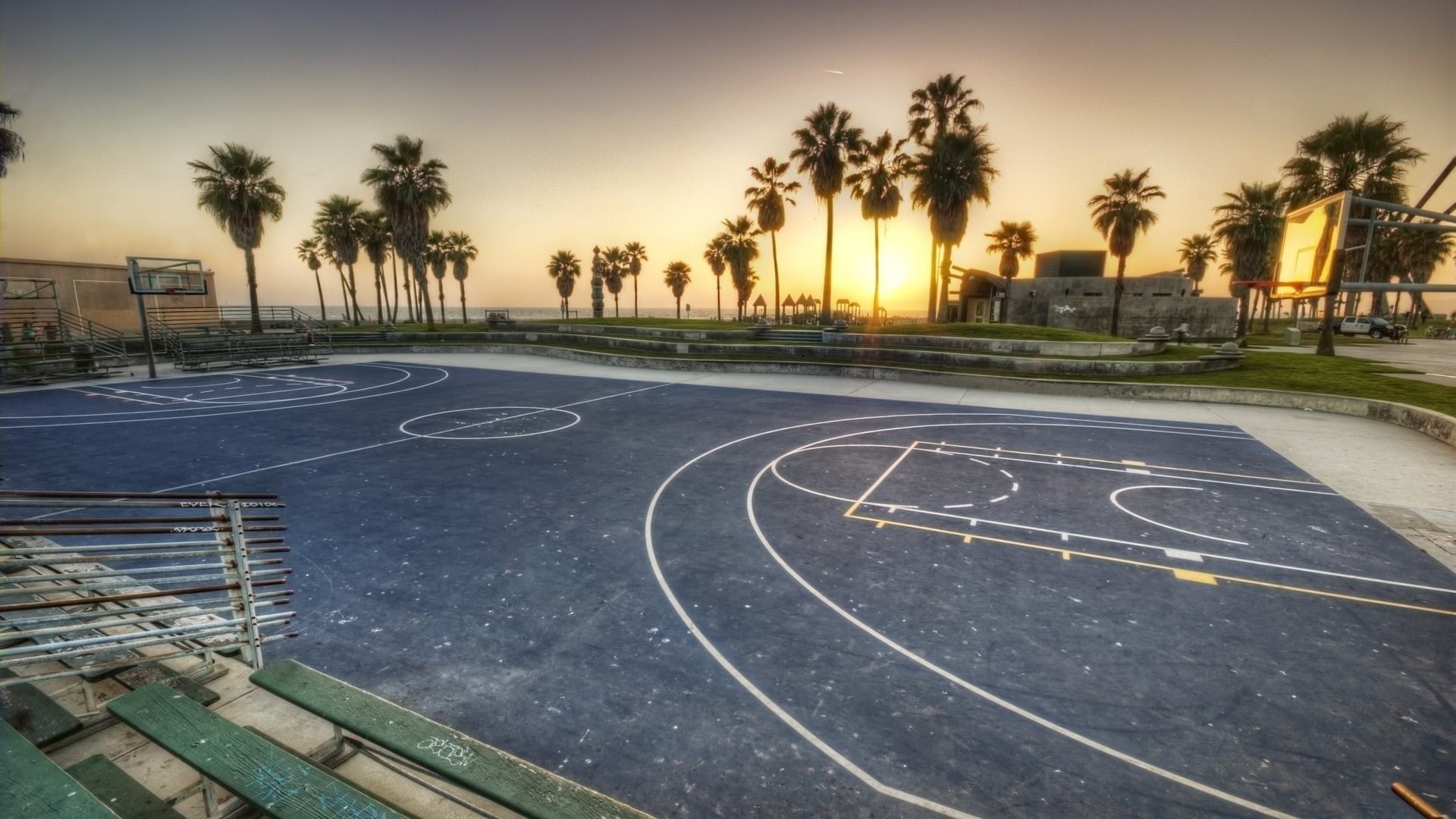 empty, text, communication, palm tree, sign, sunlight, tree, sport, nature, orange color, Venice, outdoors, no people, tropical climate, basketball - sport, HD Wallpaper