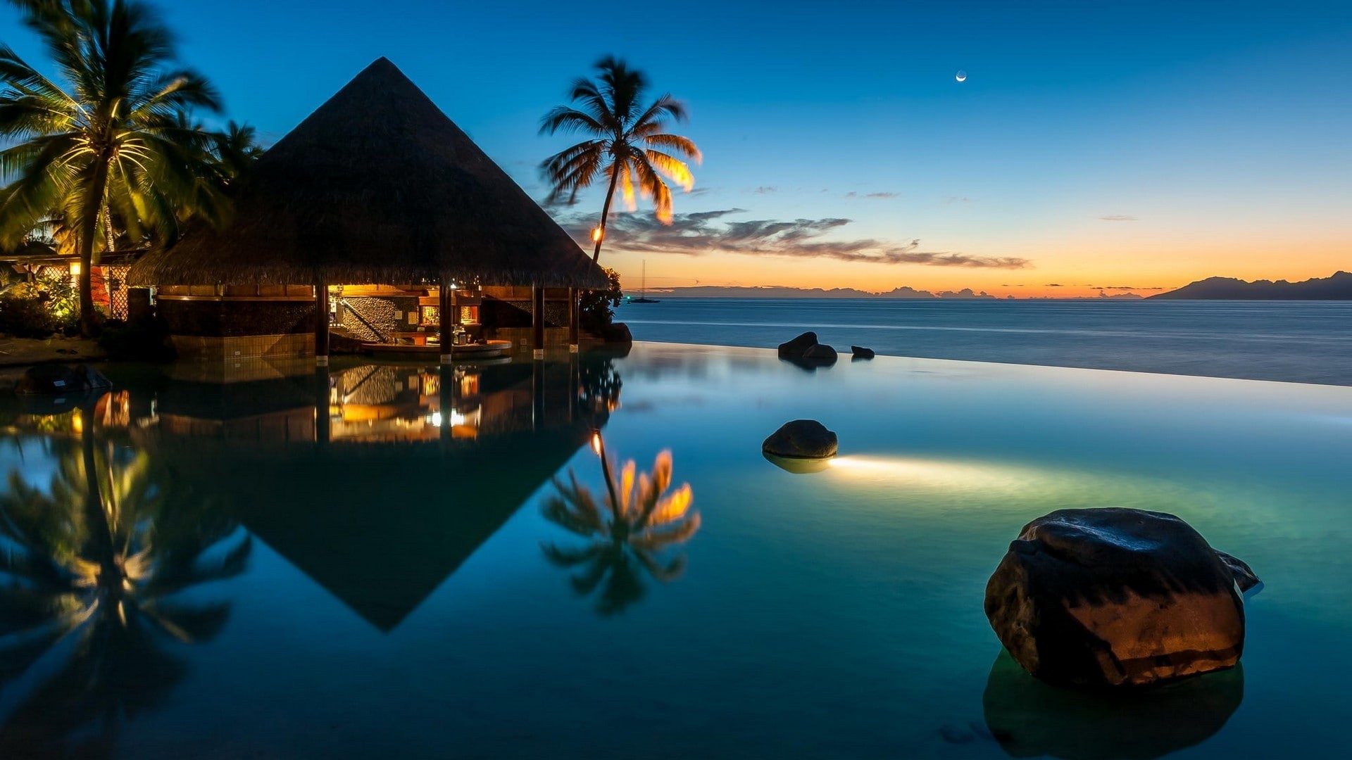 sea, reflection, swimming pool, sunset, Moon, bar, water, landscape, blue, resort, nature, beach, lights, French Polynesia, palm trees, 1080P, HD Wallpaper