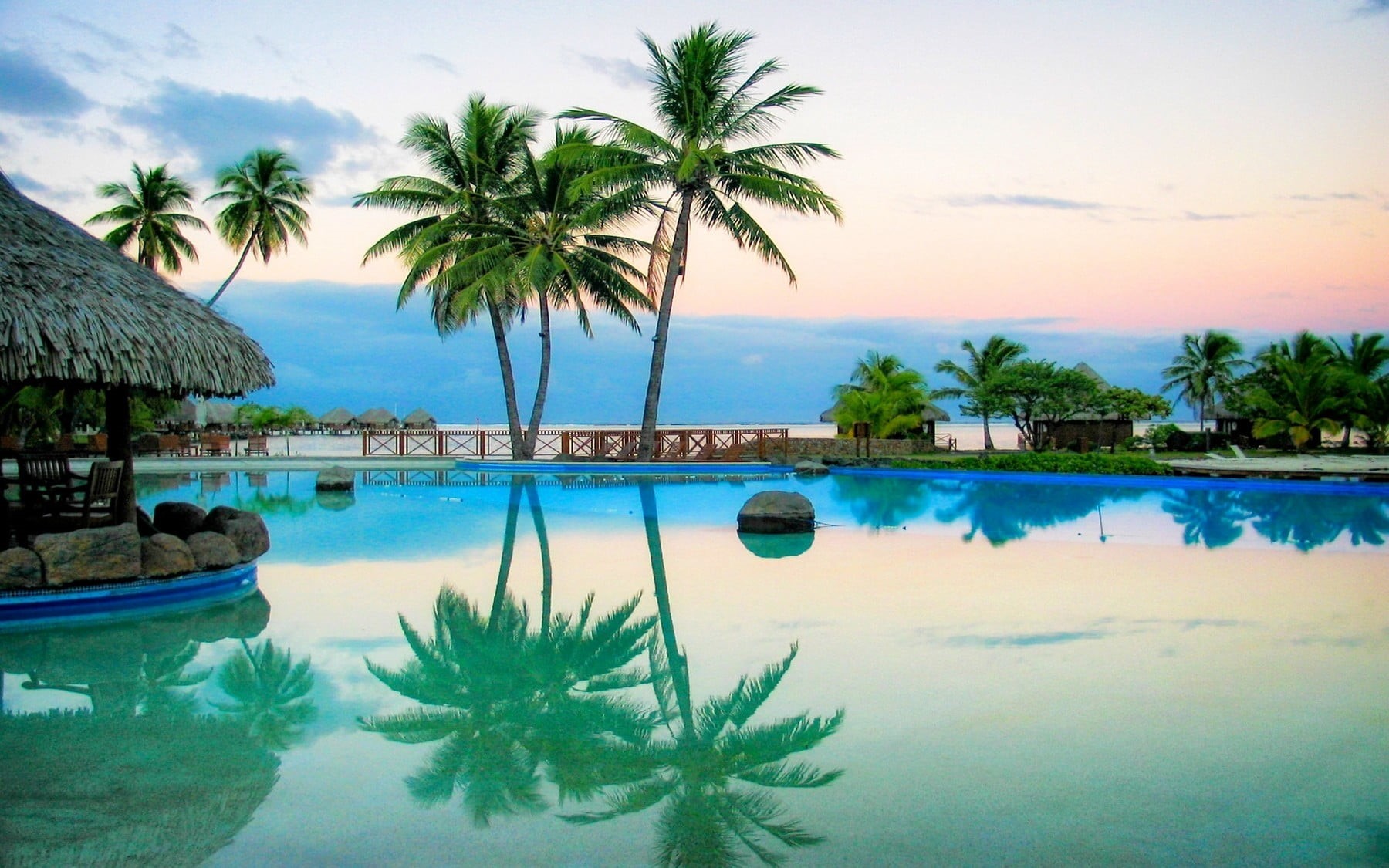 swimming pool, sky, pool, beauty in nature, summer, two, no people, landscape, trees, plant, tropical climate, coconut, coconut palm tree, architecture, HD Wallpaper