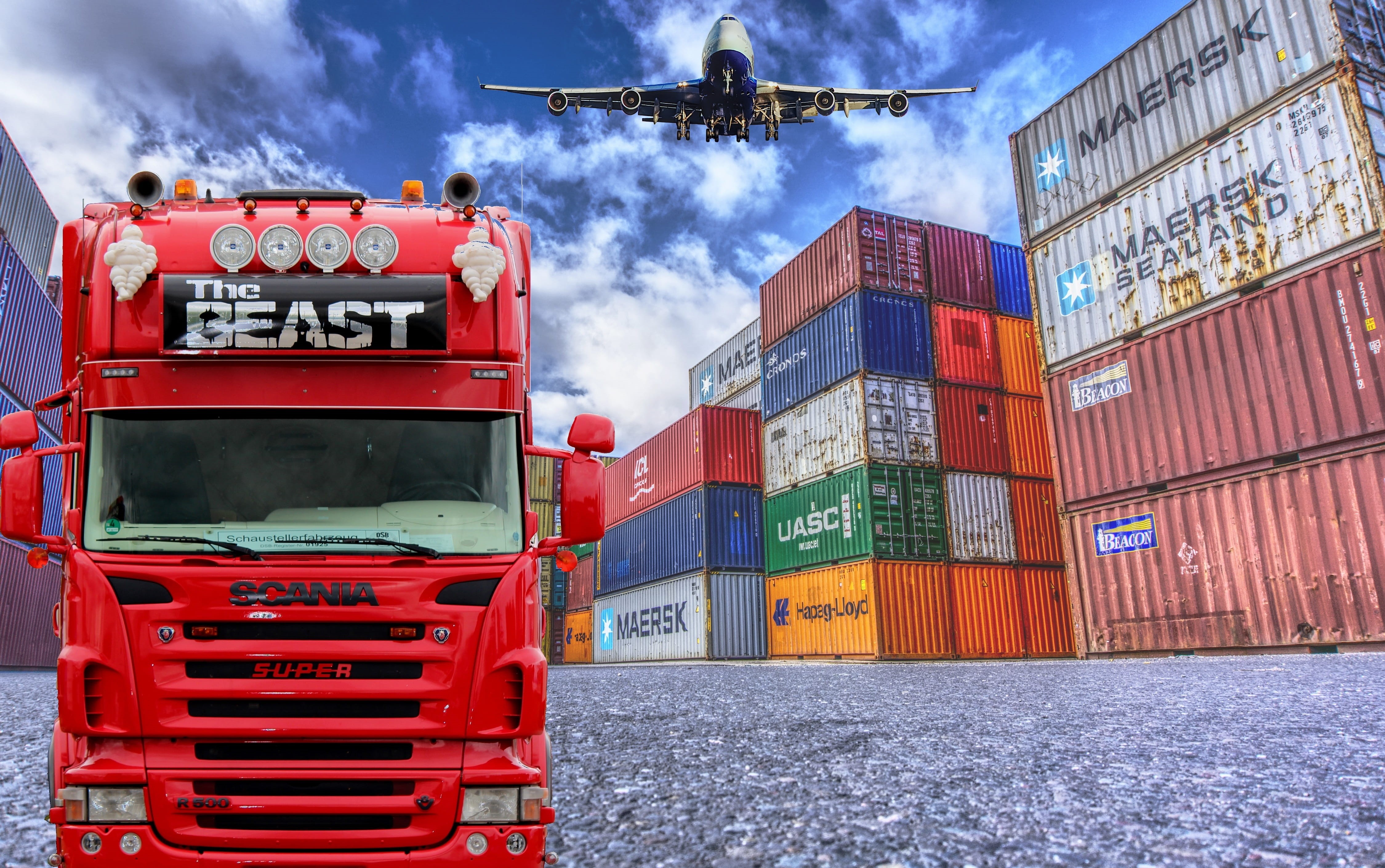 plane, transportation, freight, vehicle, goods, container, building exterior, architecture, cloud - sky, city, chain, 4K, distribution, international, HD Wallpaper