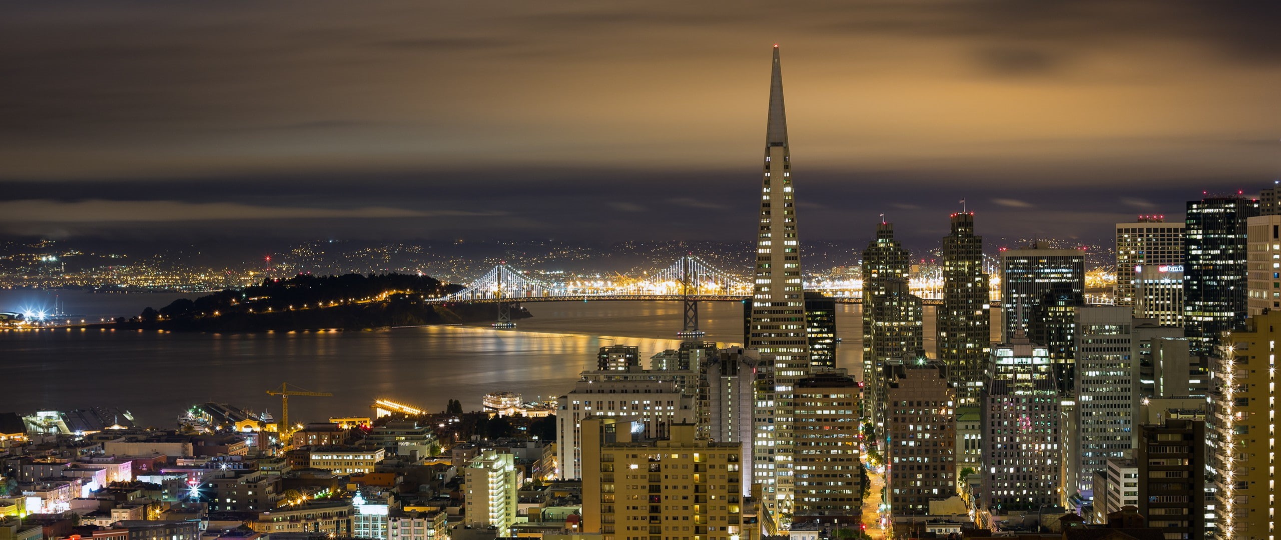 2K, outdoors, residential district, travel destinations, architecture, no people, city, urban skyline, reflection, financial district, sky, San Francisco-Oakland Bay Bridge, HD Wallpaper