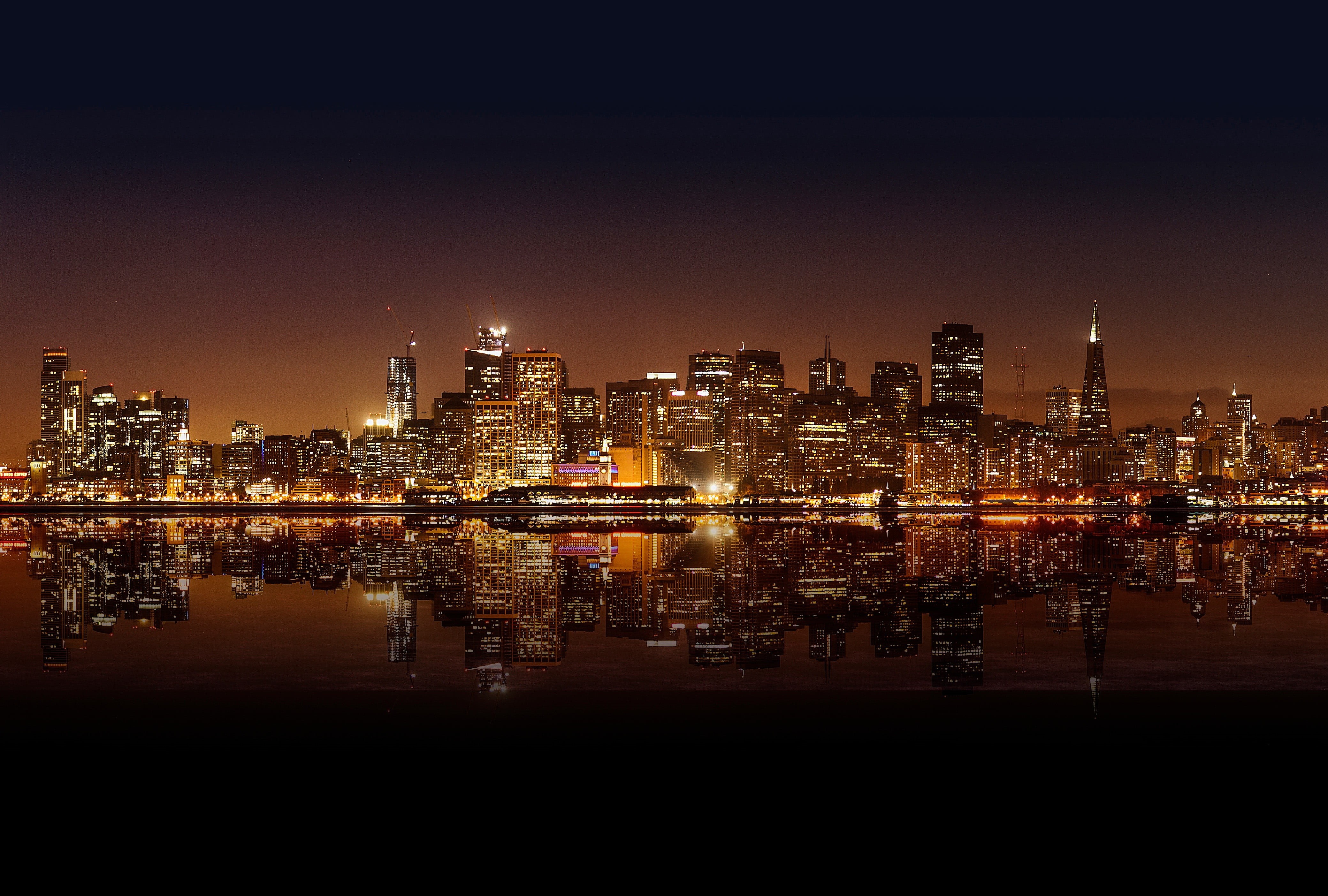 office building exterior, outdoors, architecture, city, city life, nightlife, reflection, built structure, nature, cityscape, lights, illuminated, San Francisco, HD Wallpaper