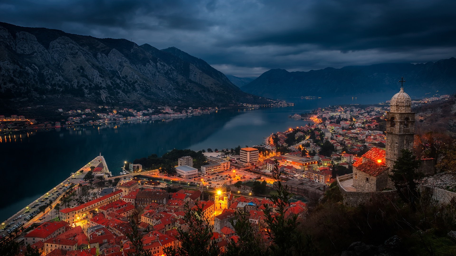 bay, bay of kotor, cityscape, 1080P, mountain, evening, dusk, cloudy, montenegro, kotor, HD Wallpaper