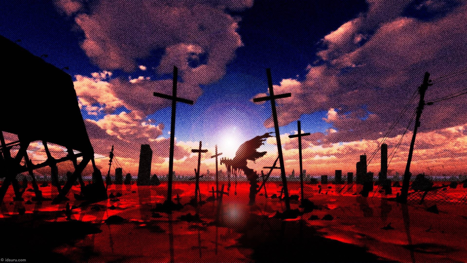 1080P, transportation, daytime, sunset, Neon Genesis Evangelion, cloudy, cloud - sky, sky, sunlight, anime, city, no people, dusk, illuminated, building exterior, HD Wallpaper