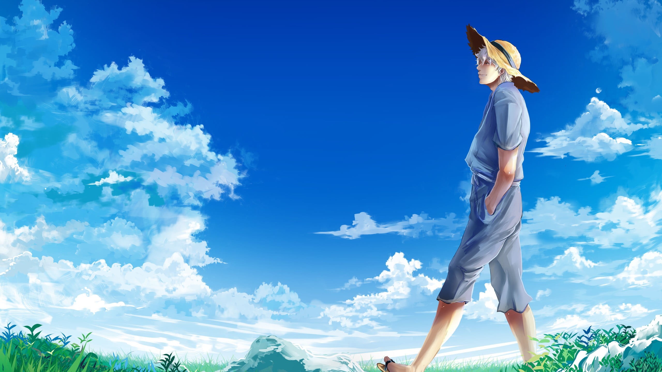 side view, women, sky, Gintama, white, lifestyles, human arm, blue, grass, casual clothing, cloud - sky, standing, day, sunlight, fan art, real people, HD Wallpaper