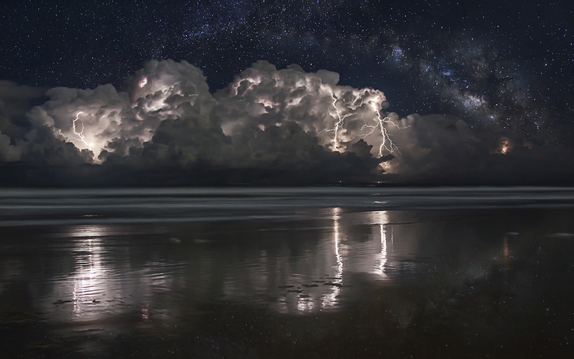 starry night, waterfront, lightning, sky, cloud - sky, clouds, idyllic, 500px, night, scenics - nature, non-urban scene, storm, no people, tranquility, HD Wallpaper