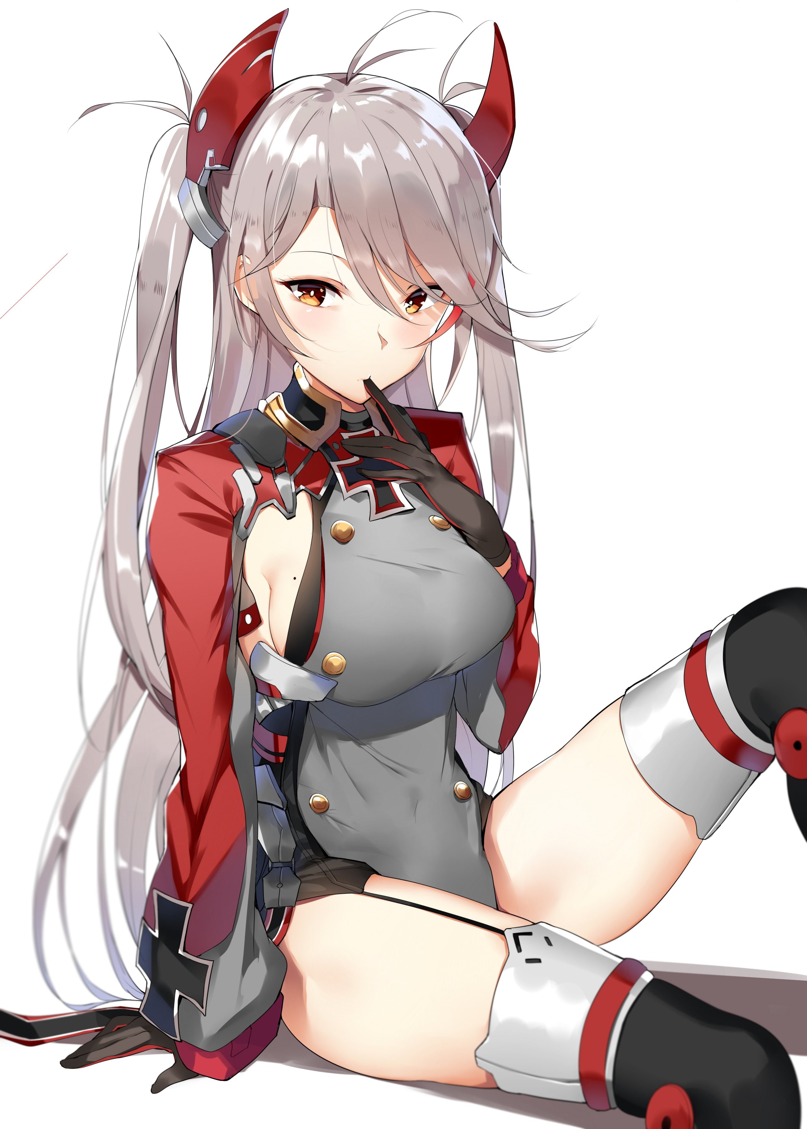 Azur Lane, Prinz Eugen (Azur Lane), thigh-highs, stockings, white  background, uniform, 2K, Phone HD Wallpaper