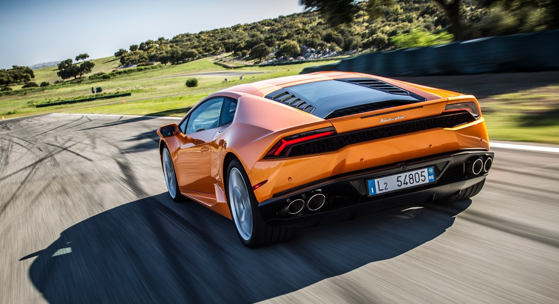 mountain, motor vehicle, luxury, orange, sports track, transportation, sports, road trip, outdoors, motion, nature, Lamborghini, speed, sport, Bologna, HD Wallpaper