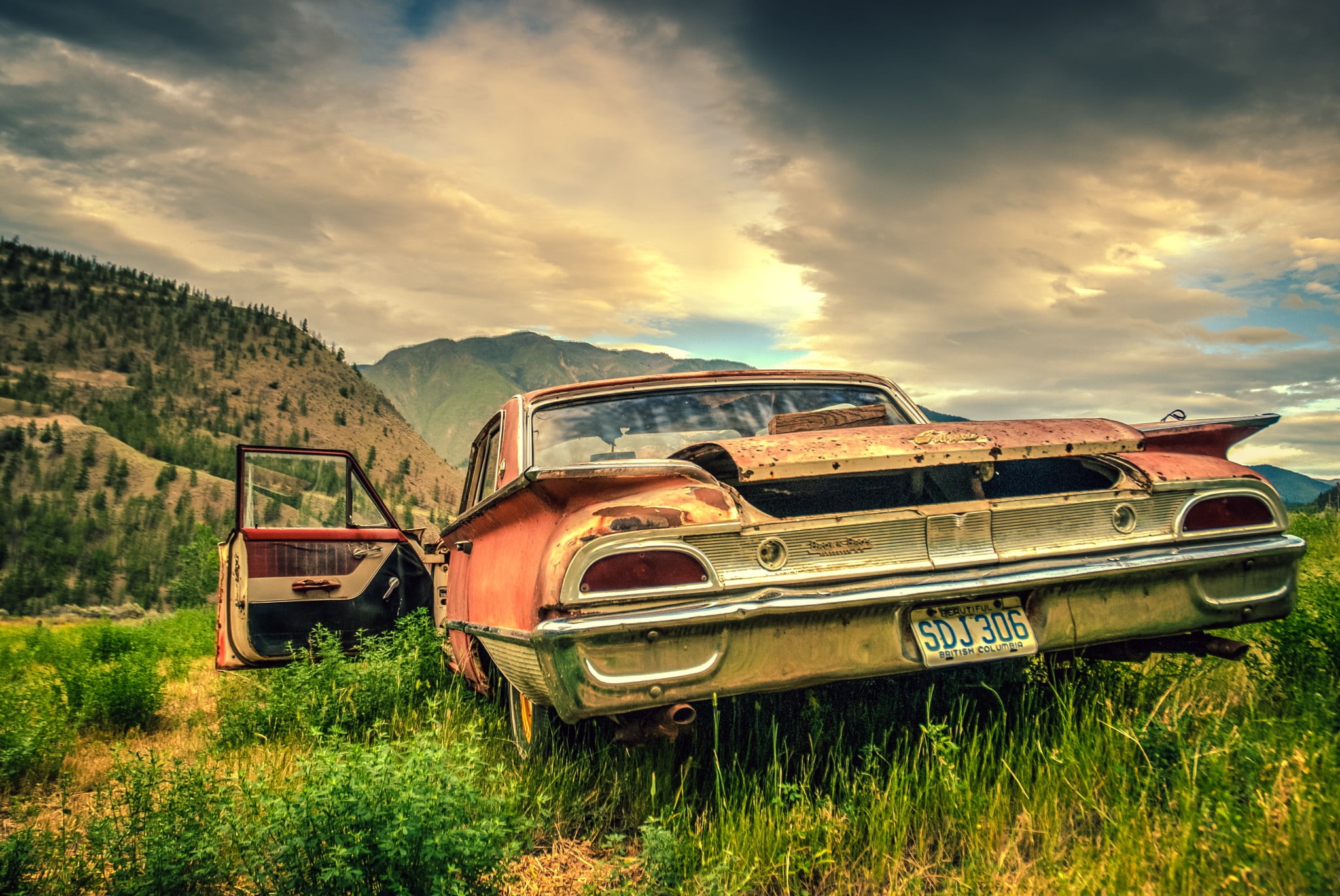 land Vehicle, sunset, 1080P, green, mode of Transport, old, grass, red car, abandoned, explored, Only The Young, wrecked, old-fashioned, car, outdoors, HD Wallpaper