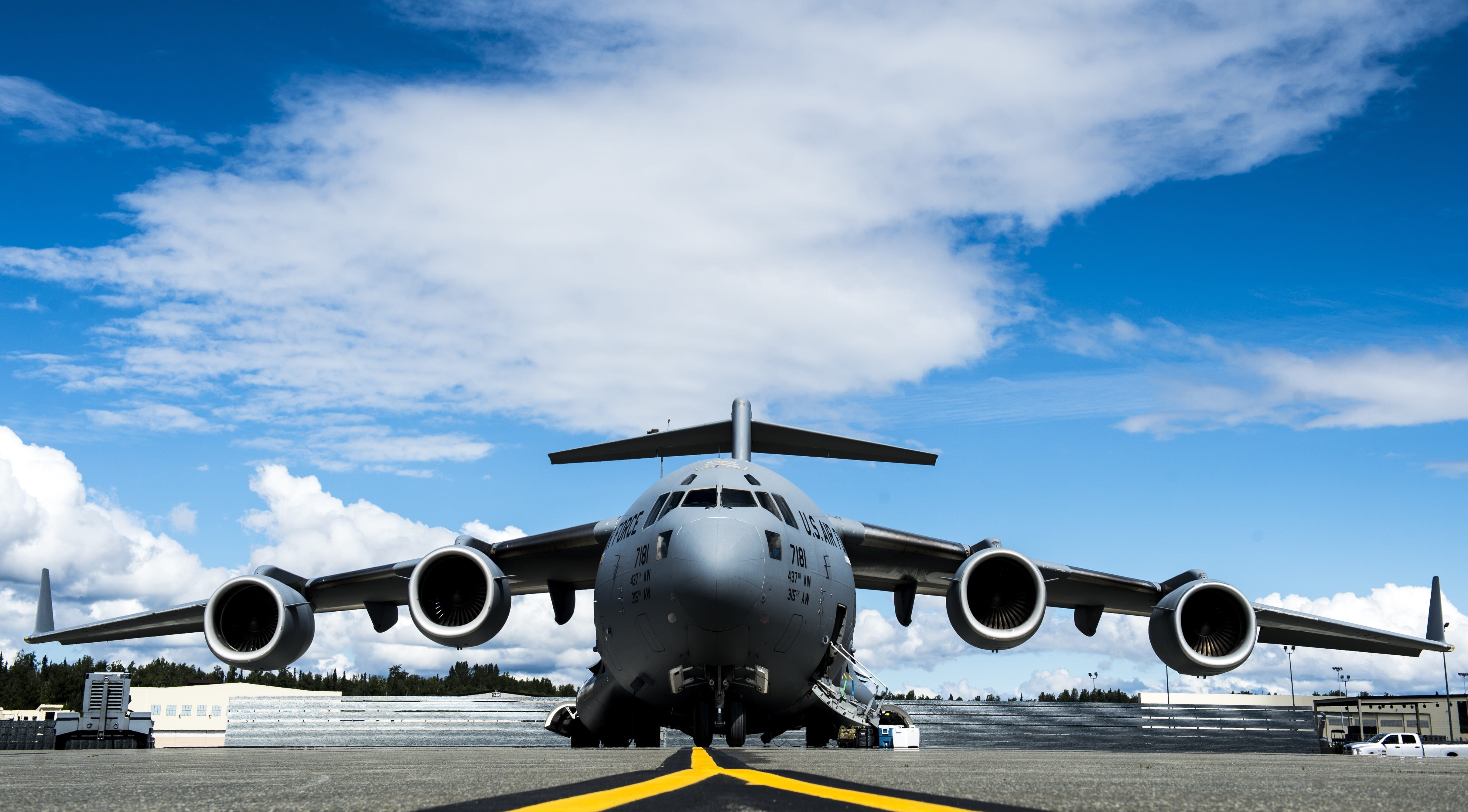 mode of transportation, aircraft, airport runway, blue, front view, mode of transport, globemaster, stationary, cargo, cloud - sky, C-17, 4K, day, united states air force, HD Wallpaper