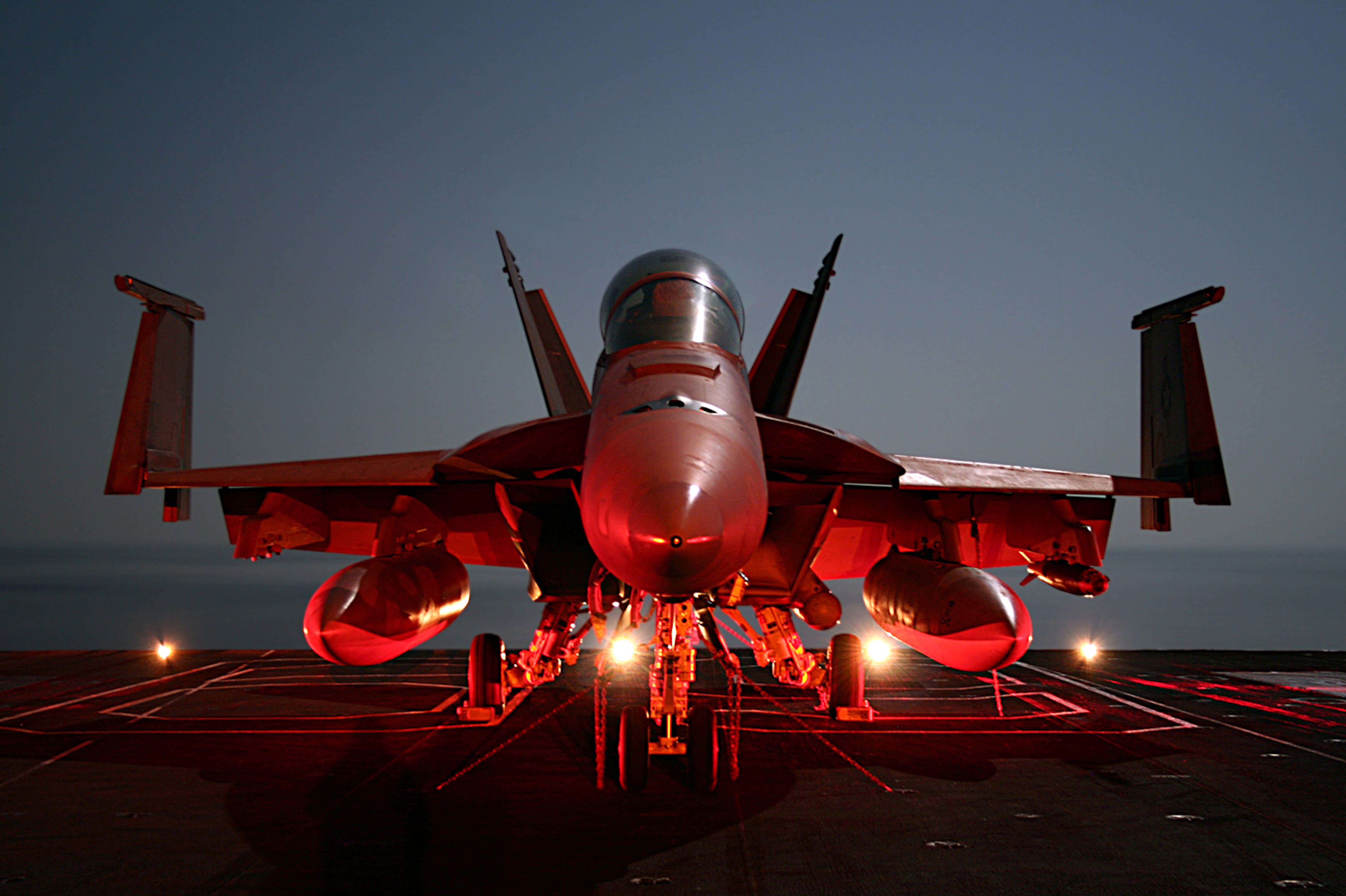 ship, sky, military, mode of transportation, airport, craft, aircraft, photo, stationary, evening, night, mode of Transport, f-18, lights, elevation, aircraft carrier, HD Wallpaper