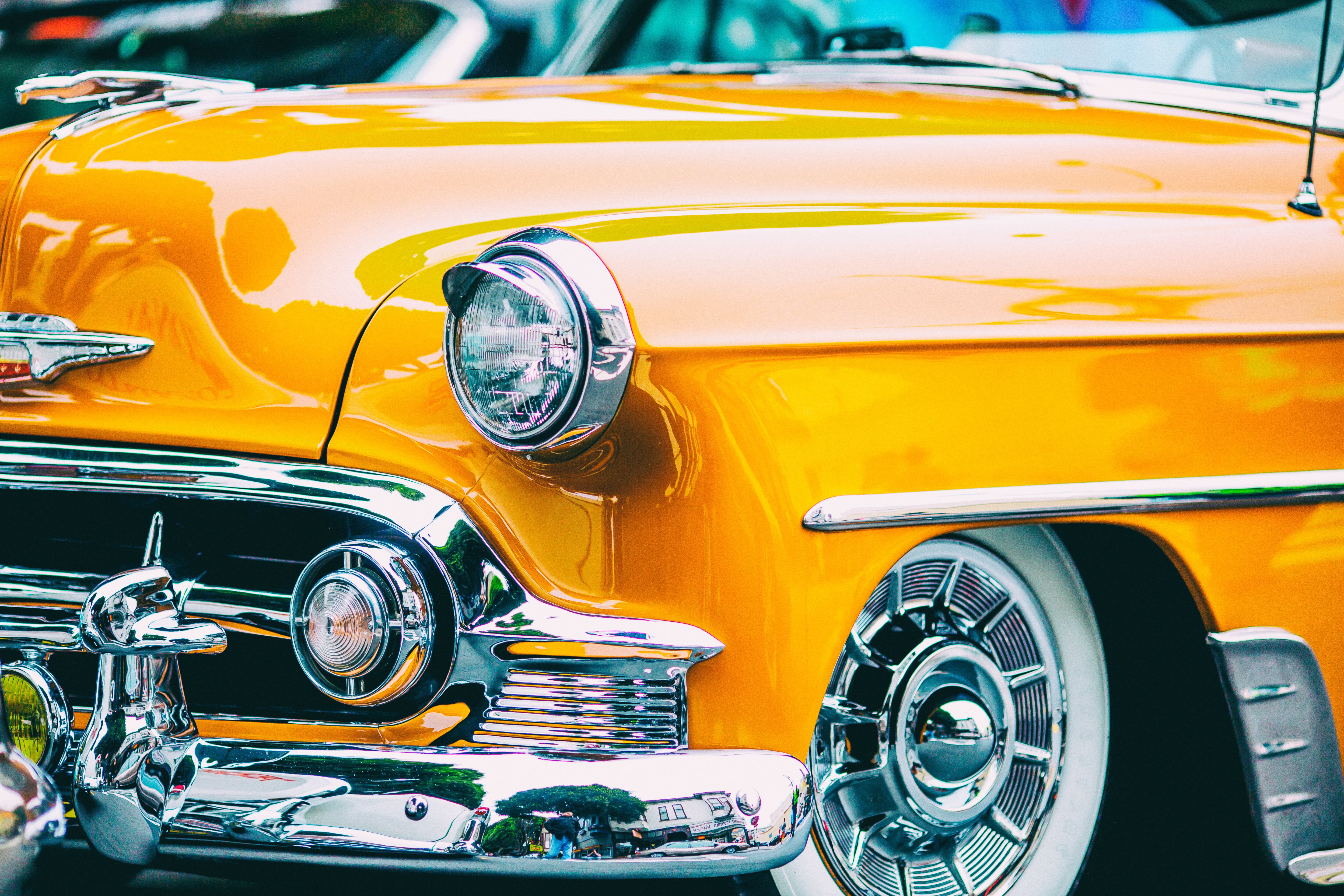 auto, SF, retro Styled, old-fashioned, Chevrolet  Chevy, yellow, 5K, vintage Car, car, Mission District, chrome, antique, collectors Car, Carnaval San Francisco, HD Wallpaper