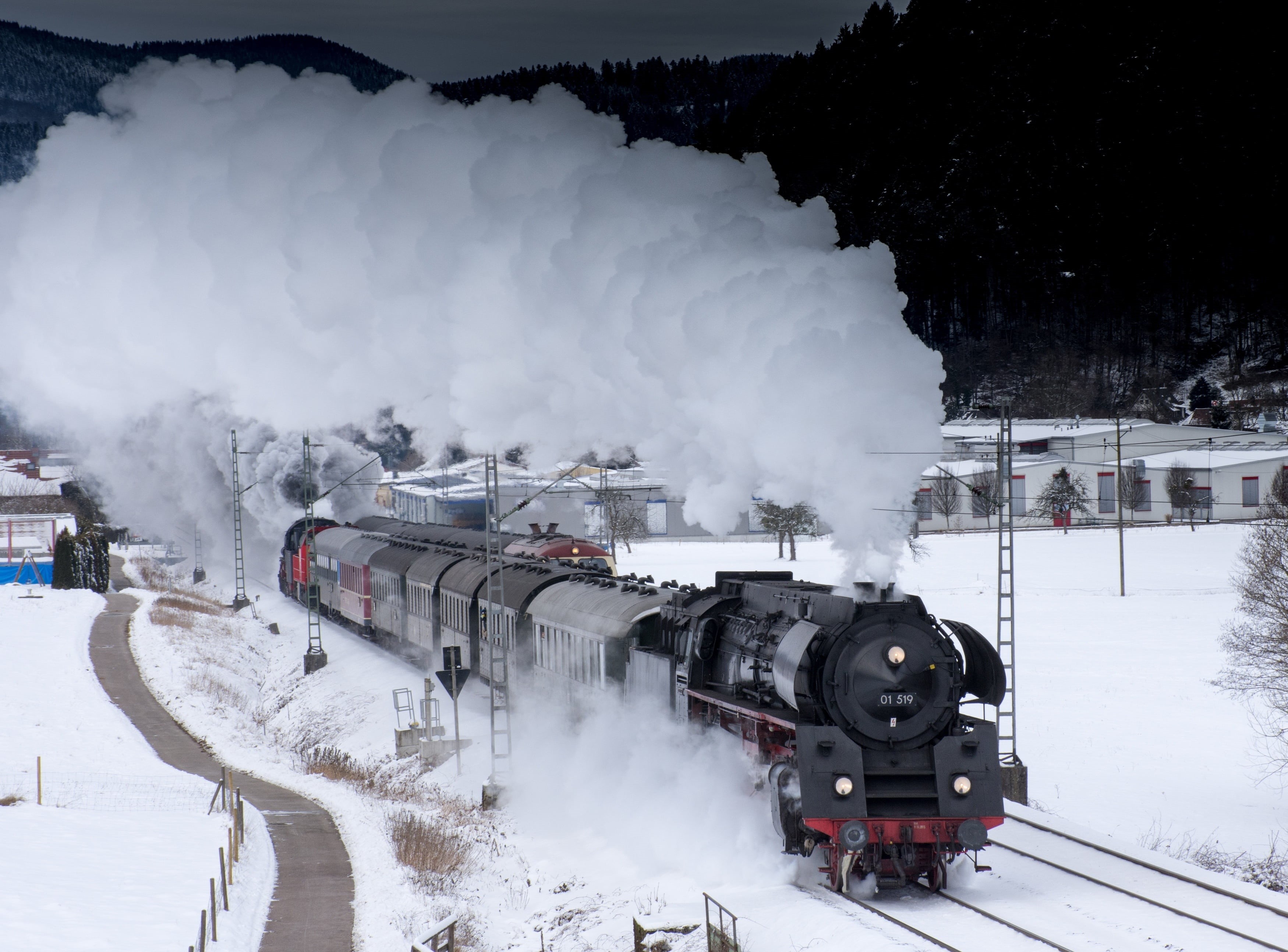 2K, smoke - physical structure, pollution, force, steam locomotive, steam train, black, public transportation, rail transportation, old, tree, seemed, HD Wallpaper