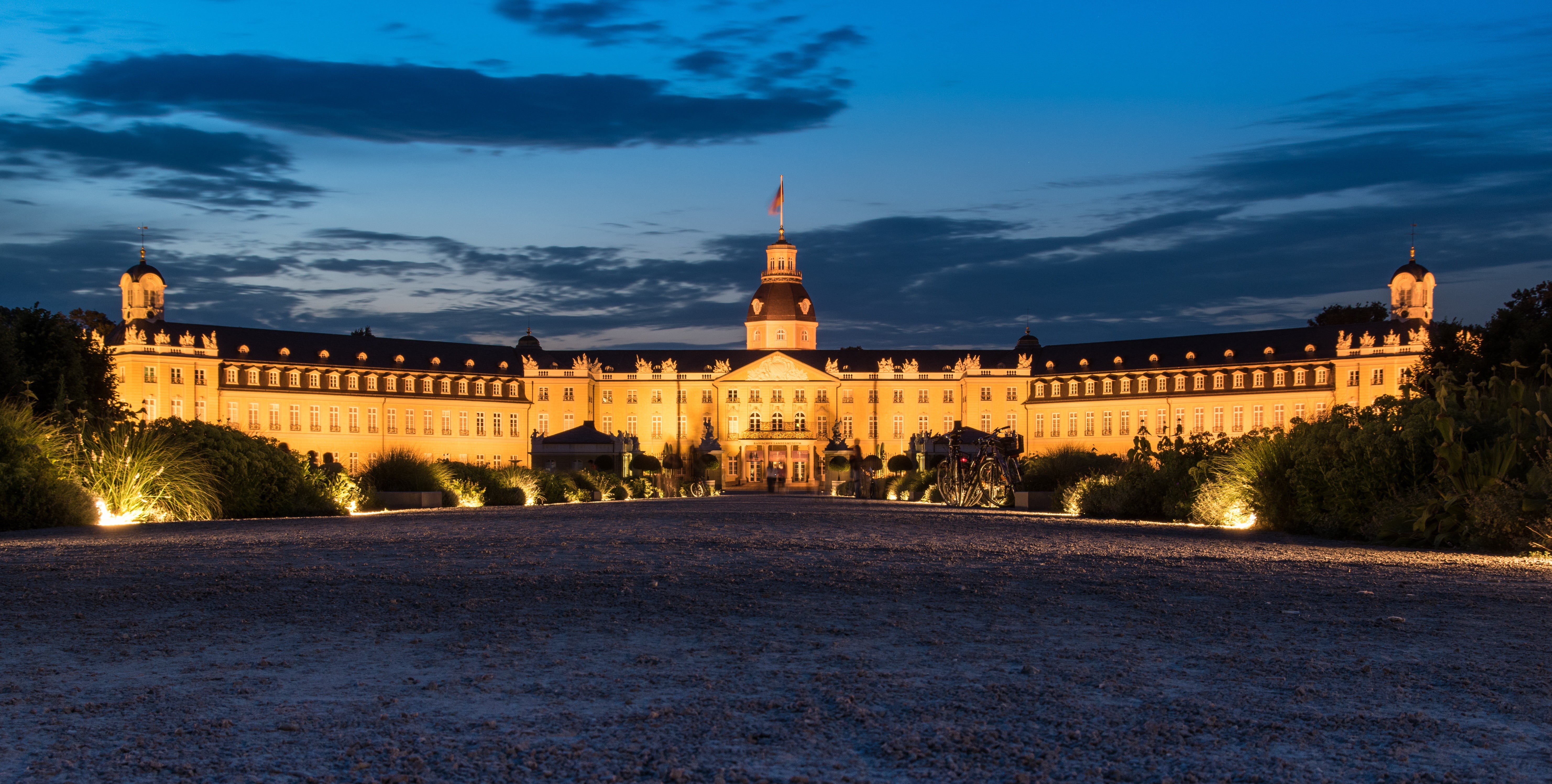 karlsruhe, illuminated, castle illuminations, outdoors, blue hour, tourism, sky, building exterior, blue, 5K, built structure, night, cloud - sky, the past, HD Wallpaper
