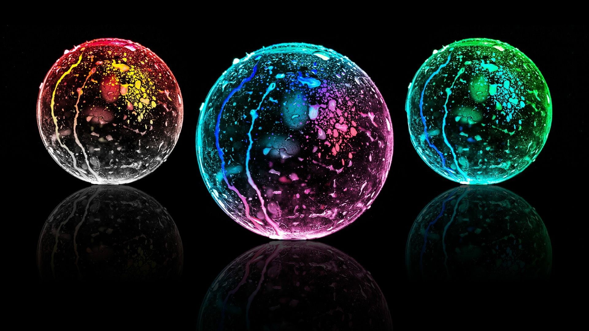 shape, 1080P, variation, pink, three, black background, shiny, green, light - natural phenomenon, colorful, still life, close-up, multi colored, night, HD Wallpaper