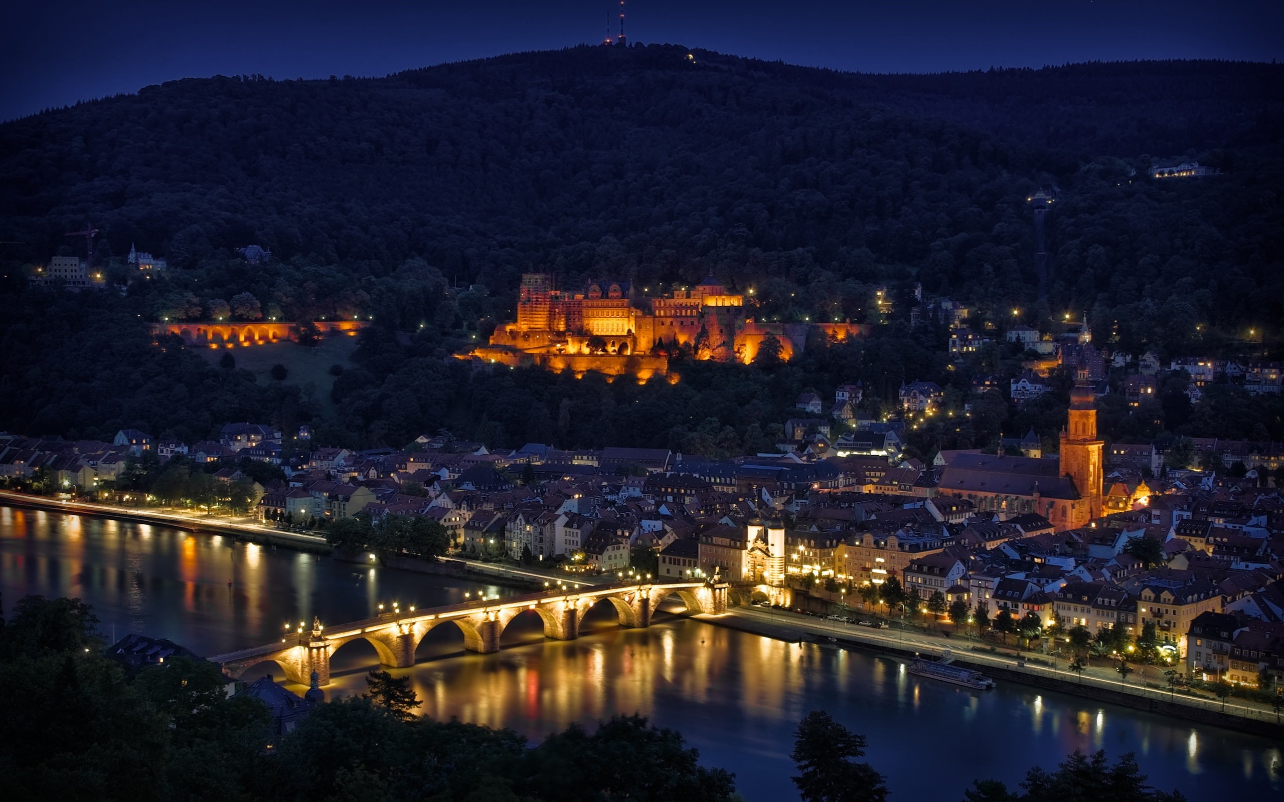 Bridge, Heidelberg, Germany, Illumination, City, 2K, Houses, Night, River, HD Wallpaper