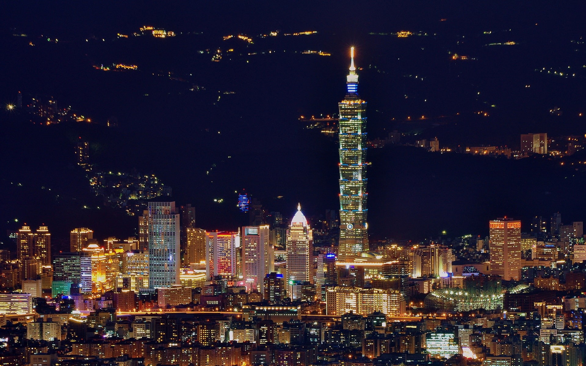 City, Night, Skyscrapers, 1080P, Illumination, Taipei, HD Wallpaper