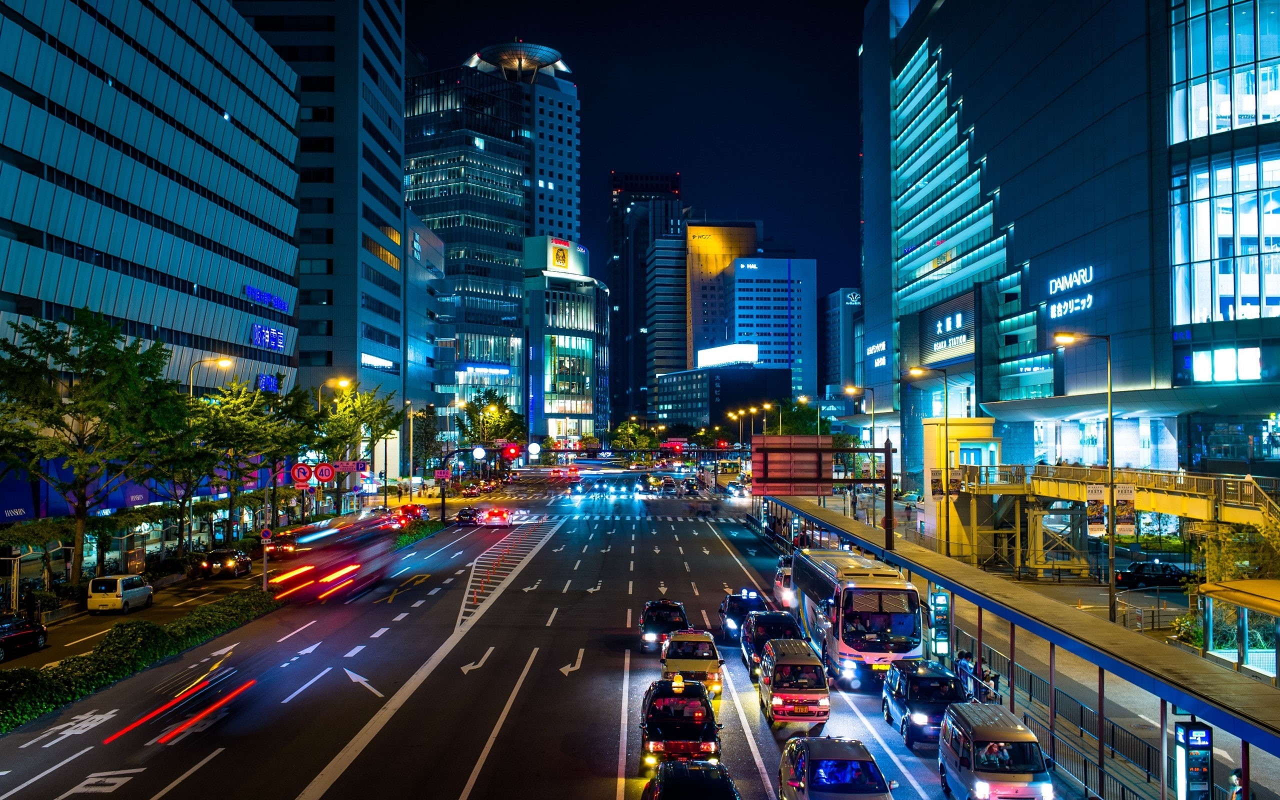 Skyscrapers, lighting, traffic, night illumination, street, 2K, metropolis, Japan, avenue, city, Osaka, HD Wallpaper