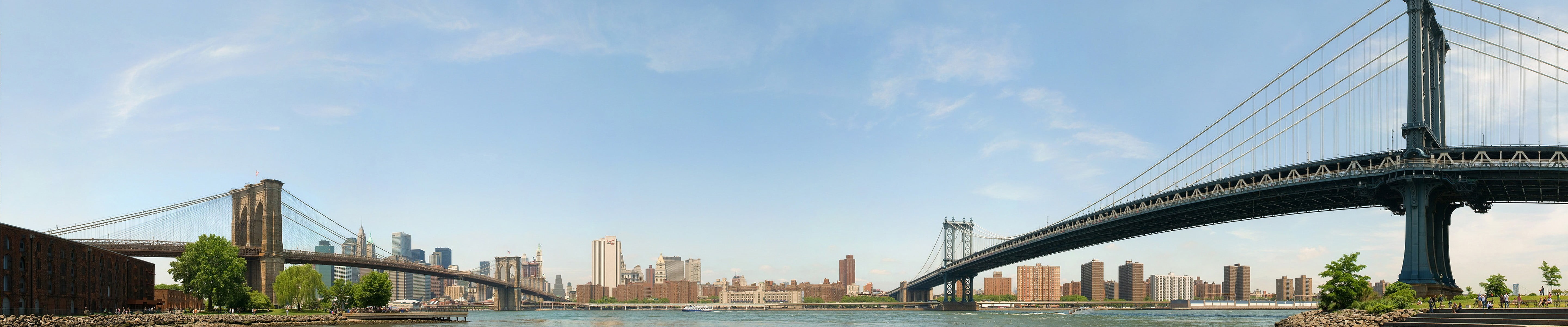 5K, building exterior, connection, New York City, brown, white, cloud - sky, travel destinations, bridge, transportation, panoramic, financial district, HD Wallpaper