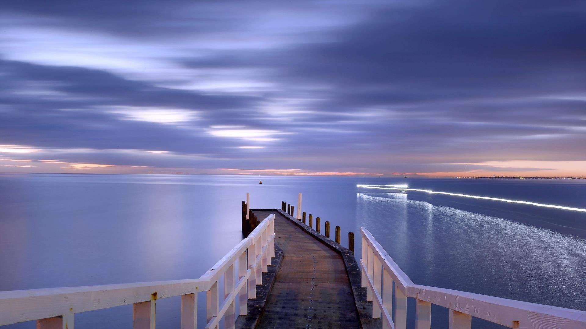 horizon, white, architecture, pier, sunset, sea, built structure, railing, cloud - sky, horizon over water, wooden, nature, outdoors, dock, direction, 1080P, HD Wallpaper