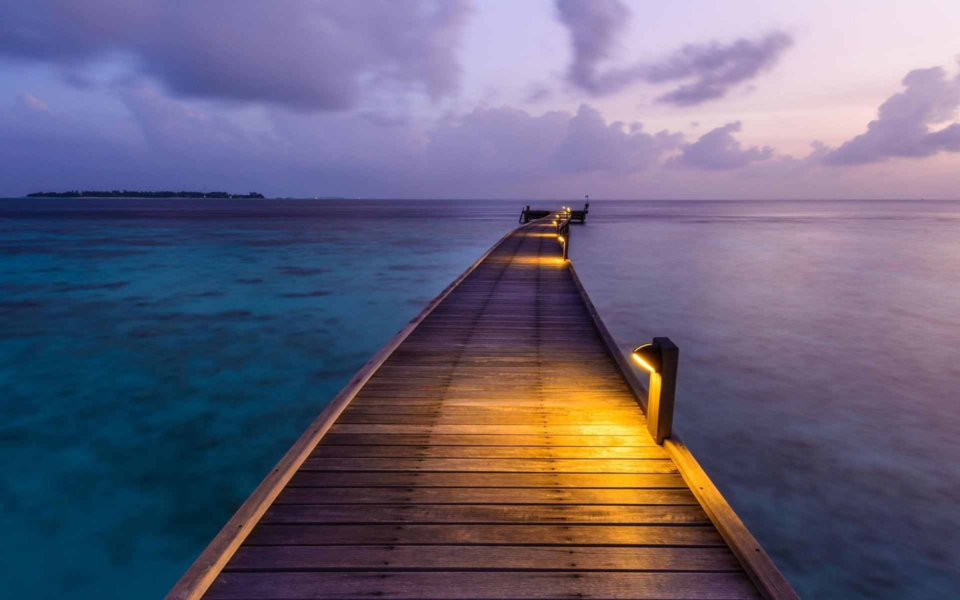 calm, clouds, cloud - sky, bridge, sea, sky, horizon, tropical, Maldives, outdoors, scenics - nature, pier, walkway, wood, tranquility, diminishing perspective, HD Wallpaper