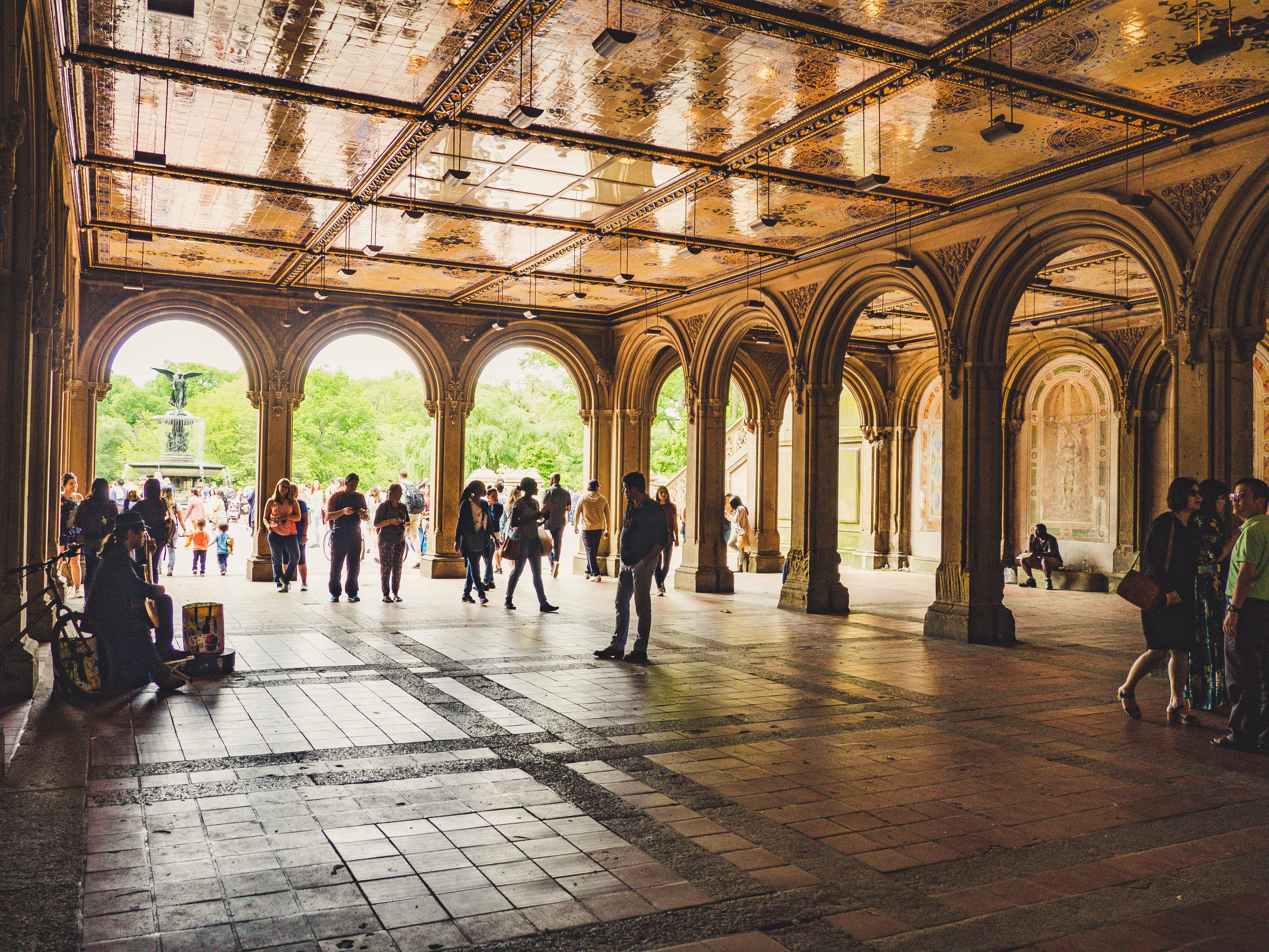 walk in the park, day, outdoors, new york, city life, travel, bethesda fountain, bethesda terrace, bethesda, group of people, history, life in the city, HD Wallpaper