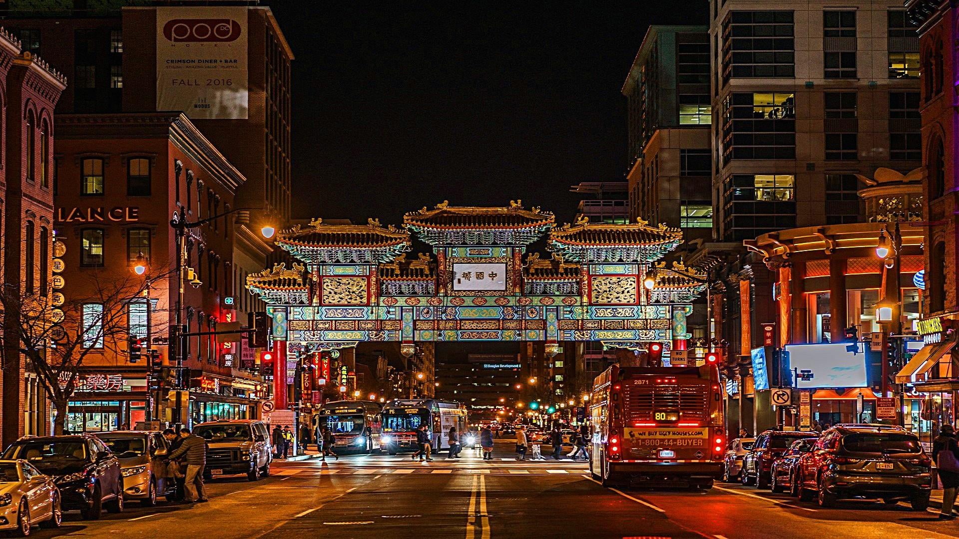 1080P, night, chinatown, road, transportation, city street, building exterior, illuminated, city lights, city, architecture, car, chinese new year, cityscape, HD Wallpaper