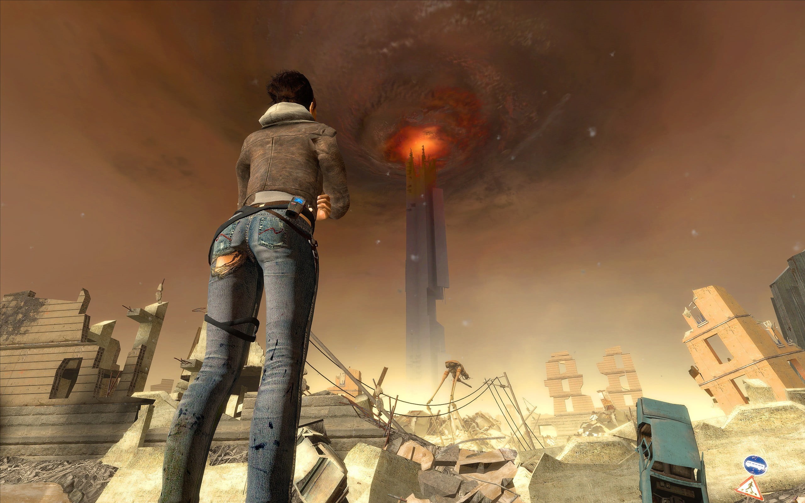 video games, burning, outdoors, low angle view, real people, game, Alyx Vance, architecture, illuminated, built structure, lifestyles, illustration, city, HD Wallpaper