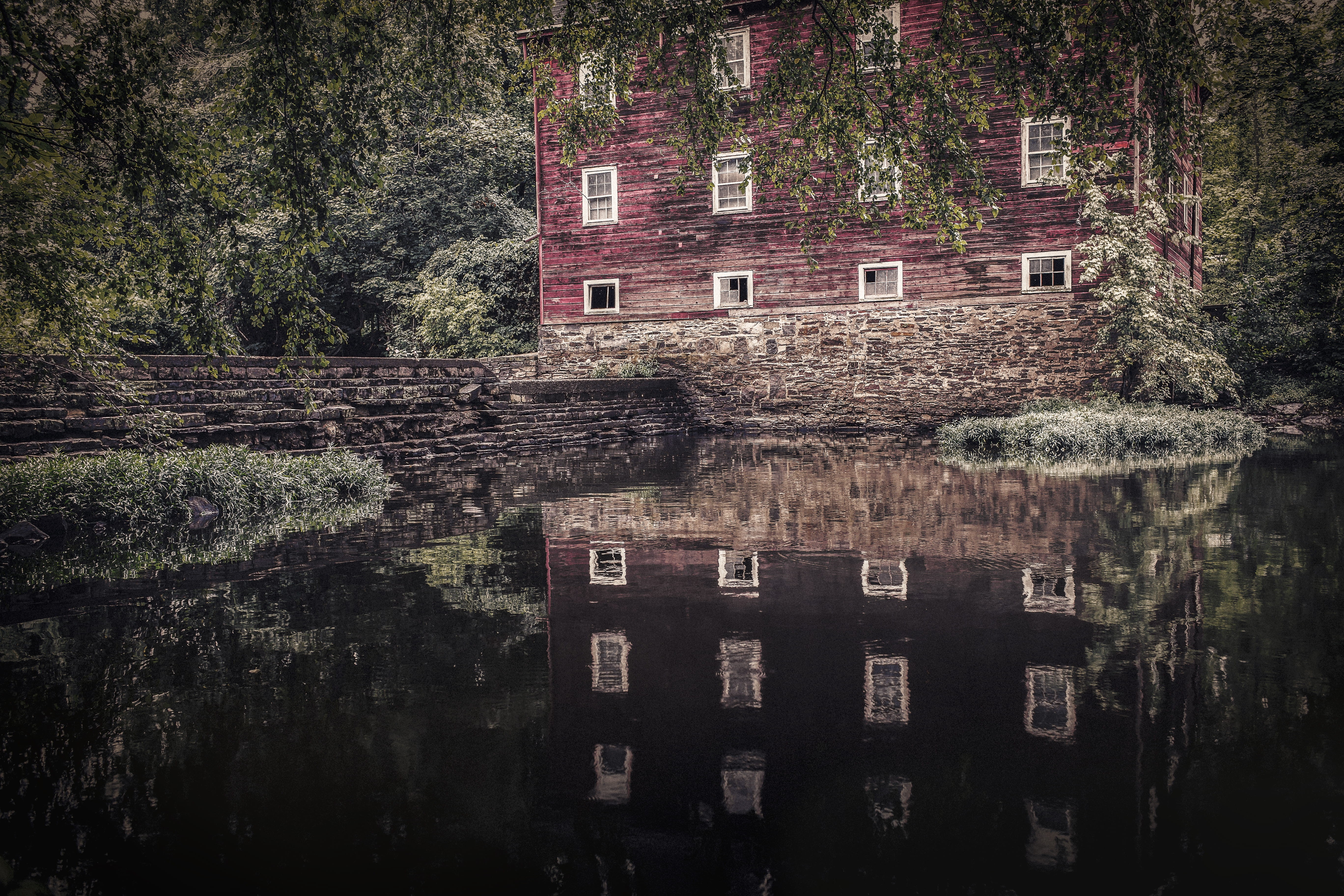 body of water, old, barn, plant, body, beside, scary, day, building Exterior, 5K, surrounded, tree, water, trees, waterfront, house, nature, outdoors, HD Wallpaper