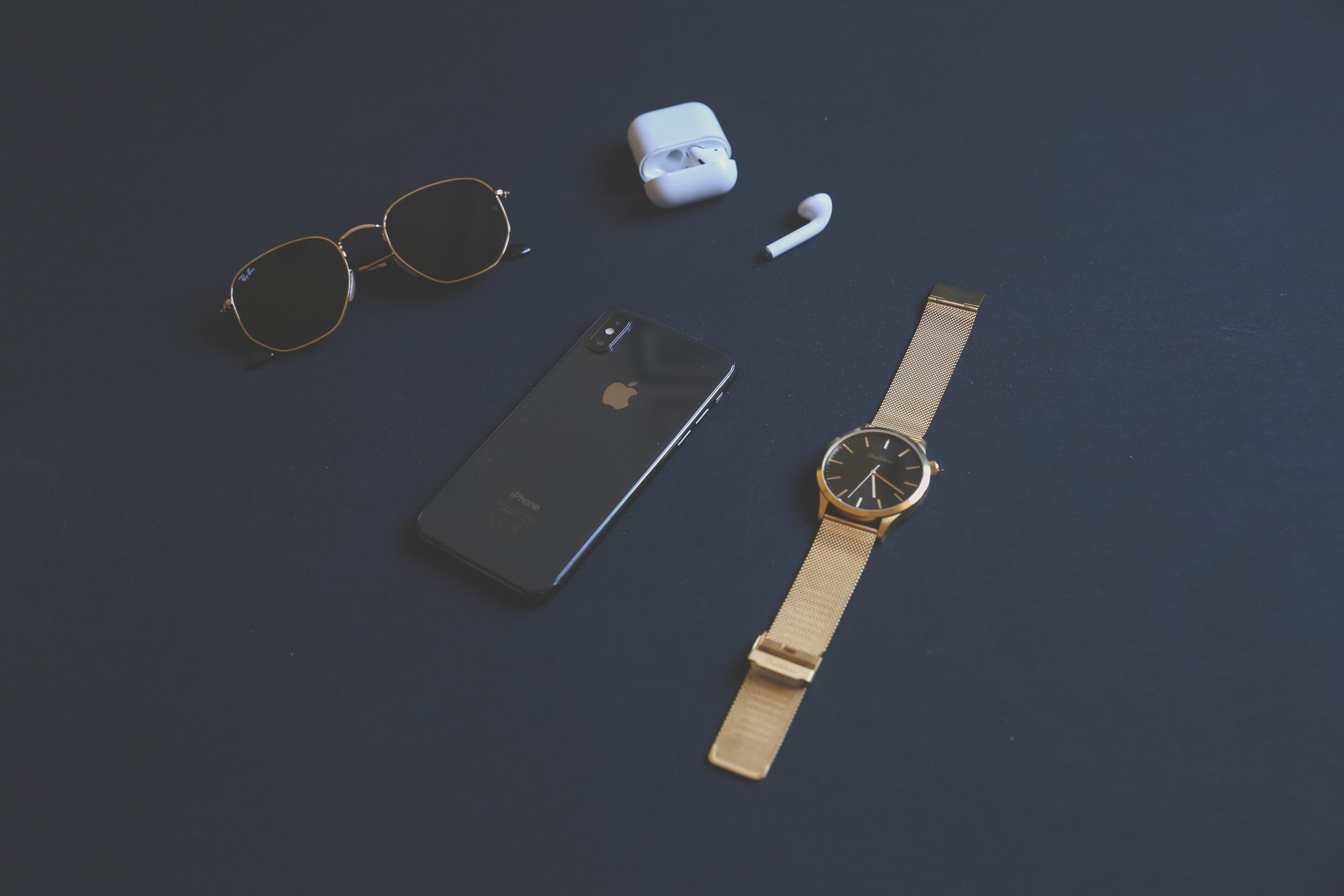 sunglasses, group of objects, weaponry, airpod, directly above, flat lay, gray, case, glasses, coffee, food and drink, earphone, indoors, gold, fashion, HD Wallpaper
