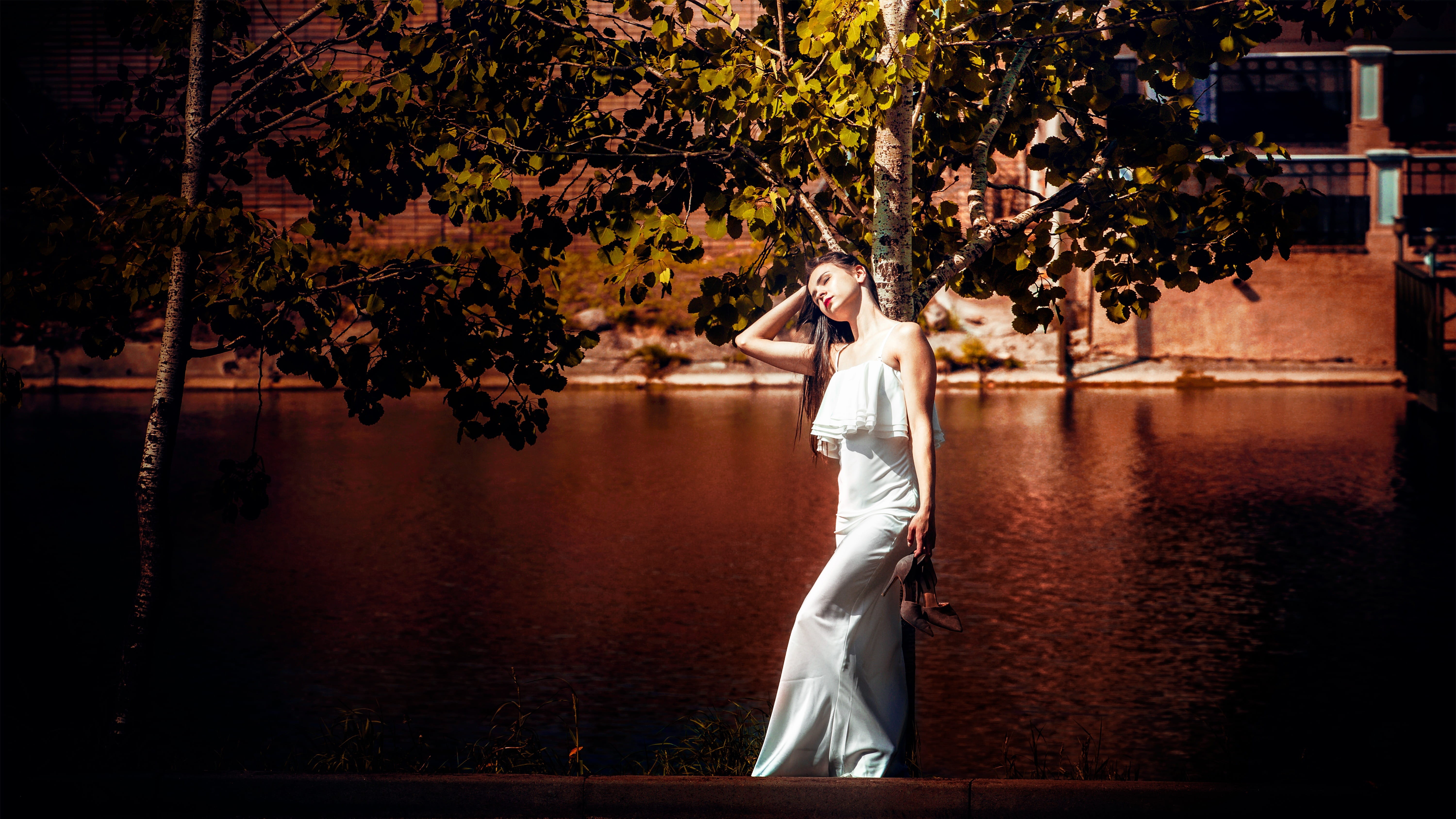 style, celebration, person, legs, girl in white dress, portrait, young adult, hand, emotions, young women, beautiful woman, golden, 5K, standing, wearing, HD Wallpaper