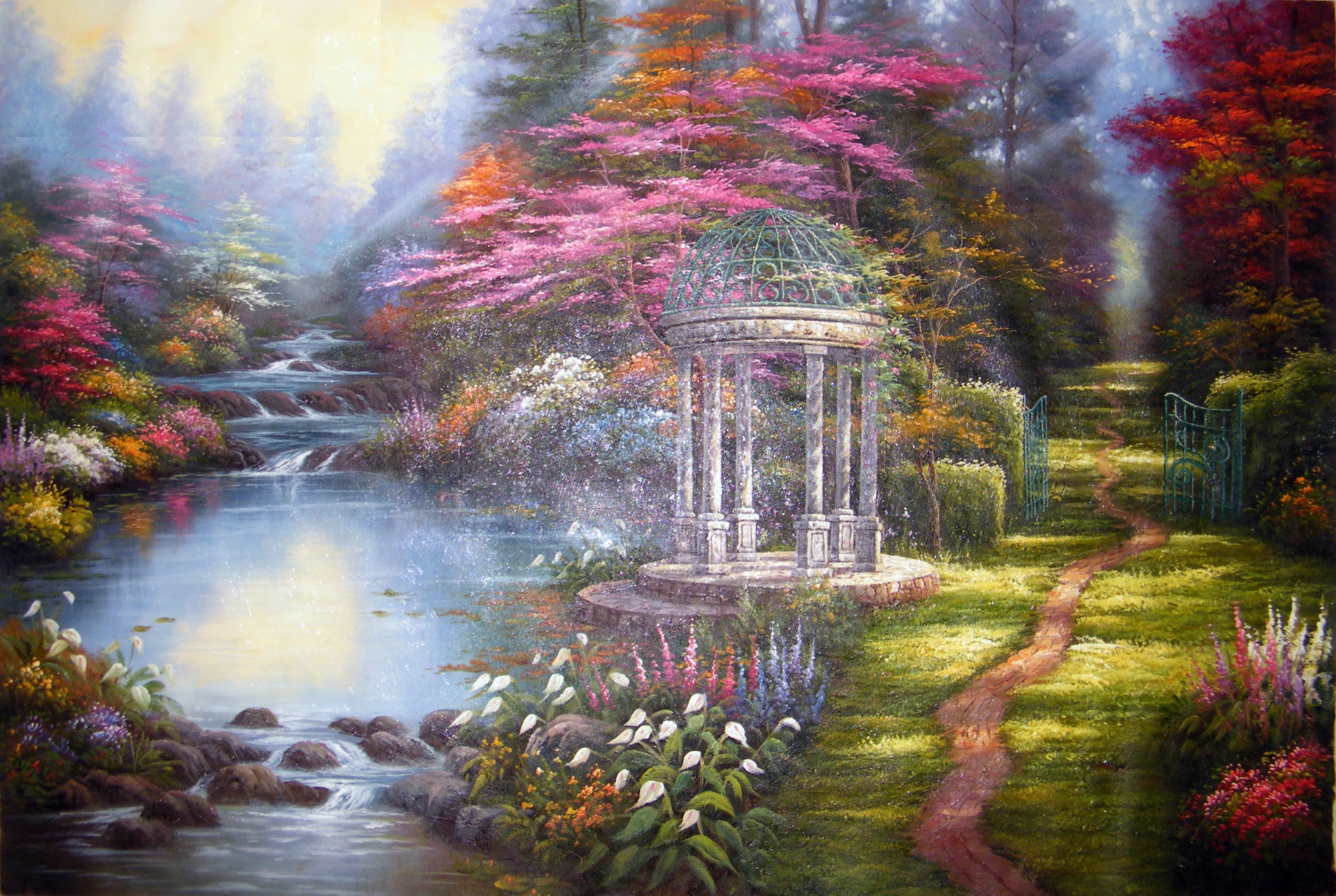 blurred motion, multi Colored, red, park, fountain, picture, plant, flower, architecture, travel destinations, scenics, famous Place, pond, painting, landscape, HD Wallpaper